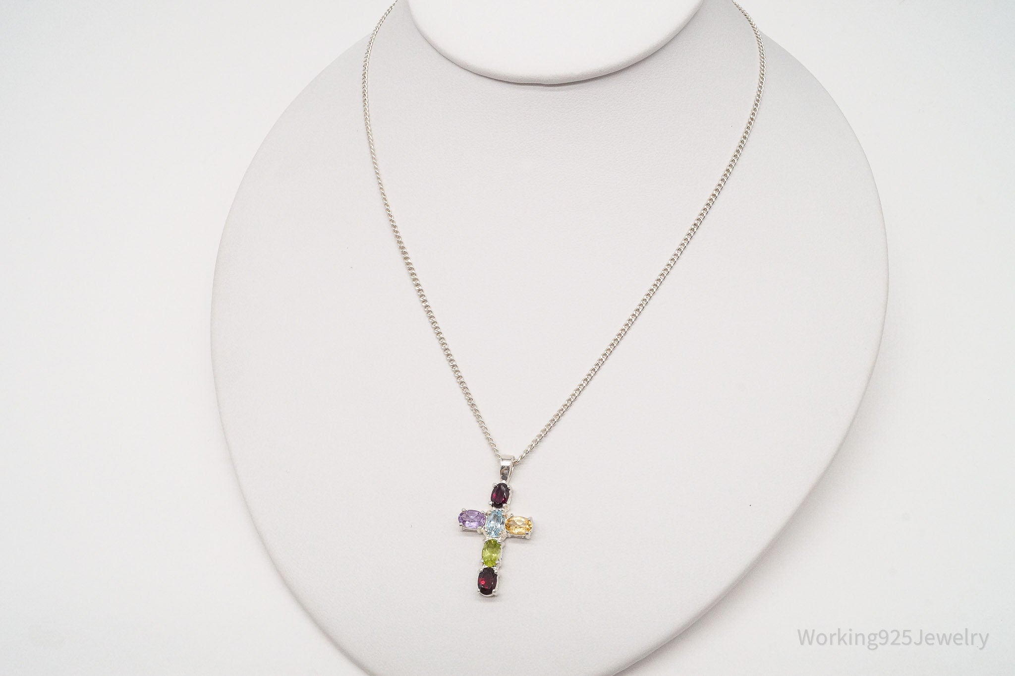 Vintage Multi Gemstone Cross Sterling Silver Necklace 16"