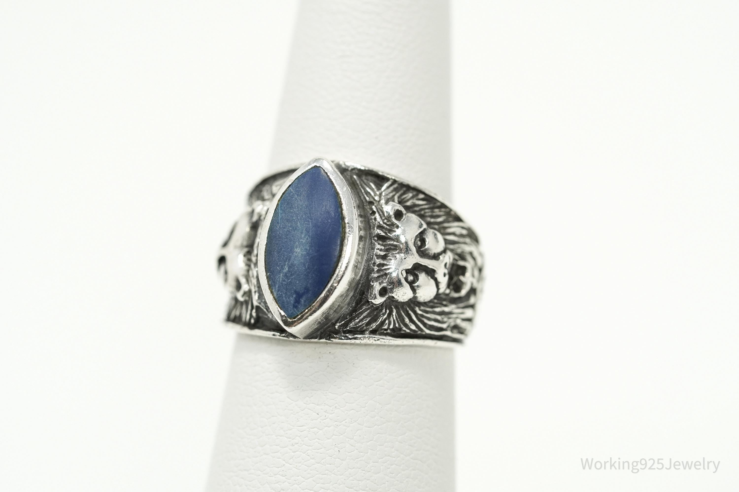 Vintage Blue Lapis Lazuli Lion Head Sterling Silver Ring - Size 6.5