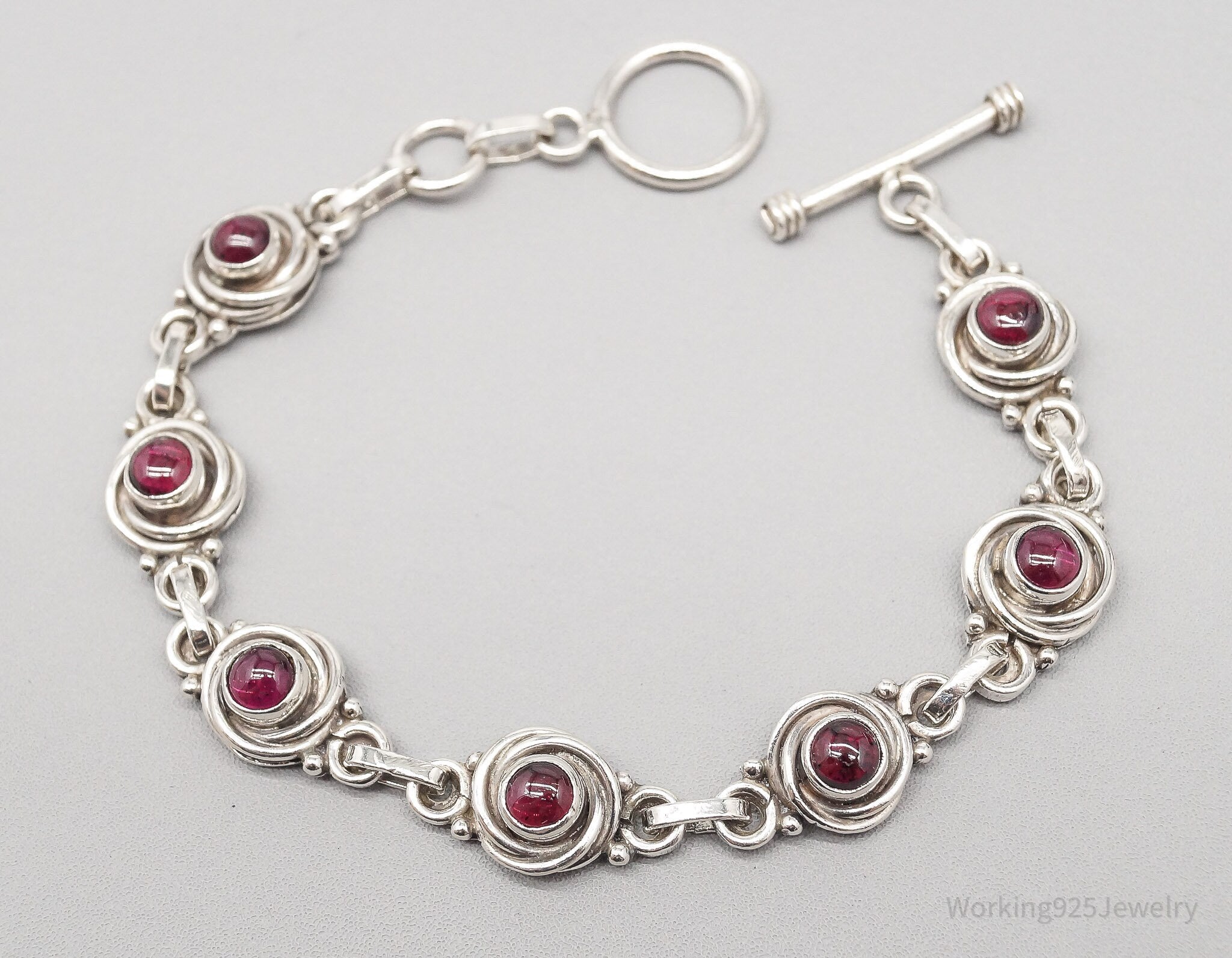 Vintage Rhodolite Garnet Sterling Silver Toggle Bracelet