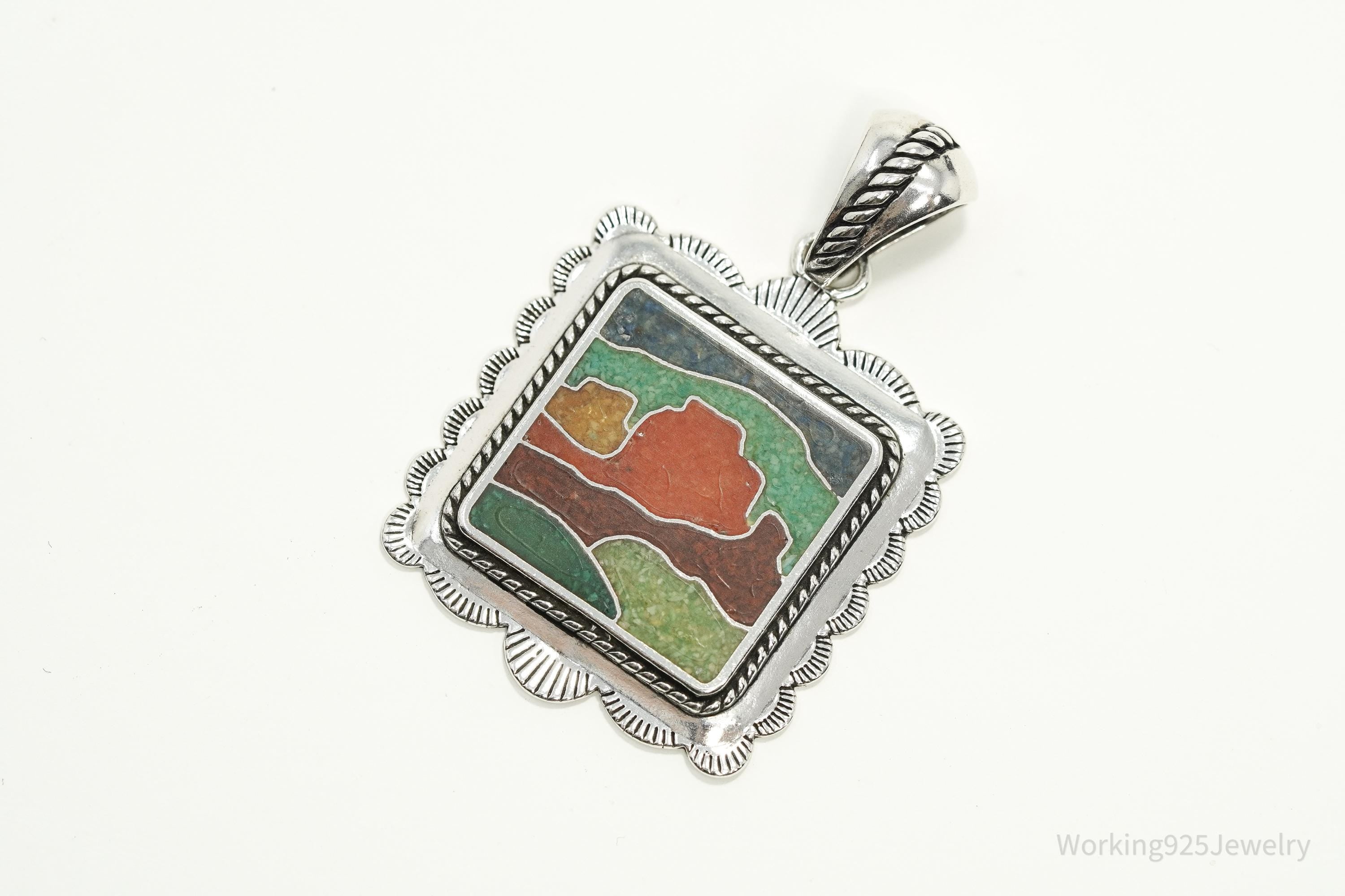 Large Vintage Carolyn Pollack Relios Desert Scene Multi Gem Inlay Sterling Silver Pendant