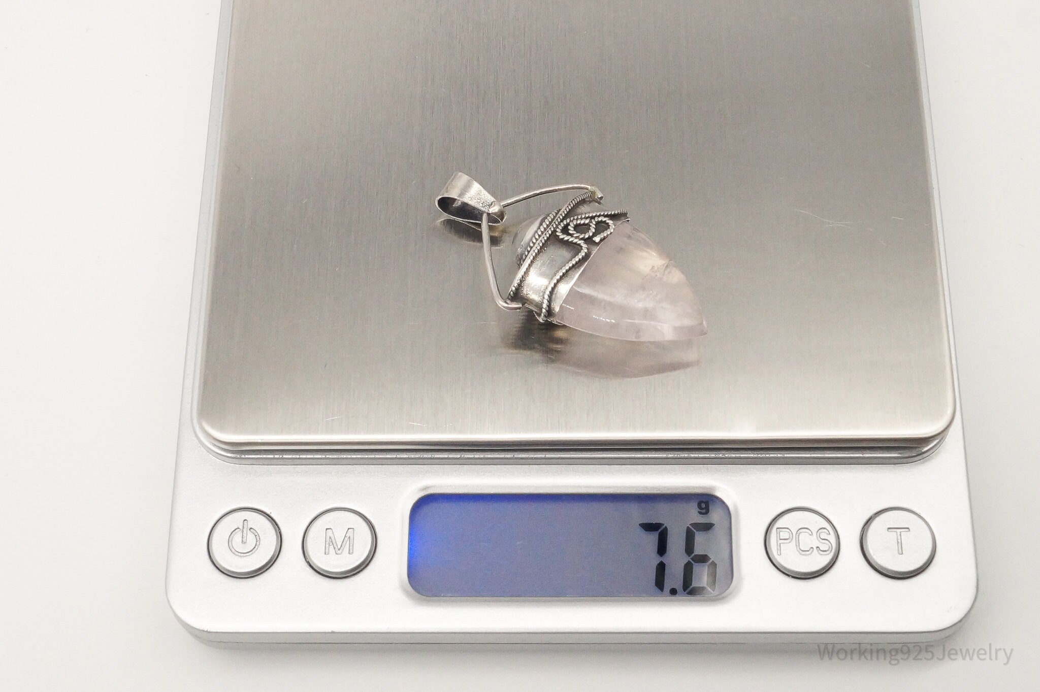 Vintage Large Rose Quartz White Moonstone Sterling Silver Pendant