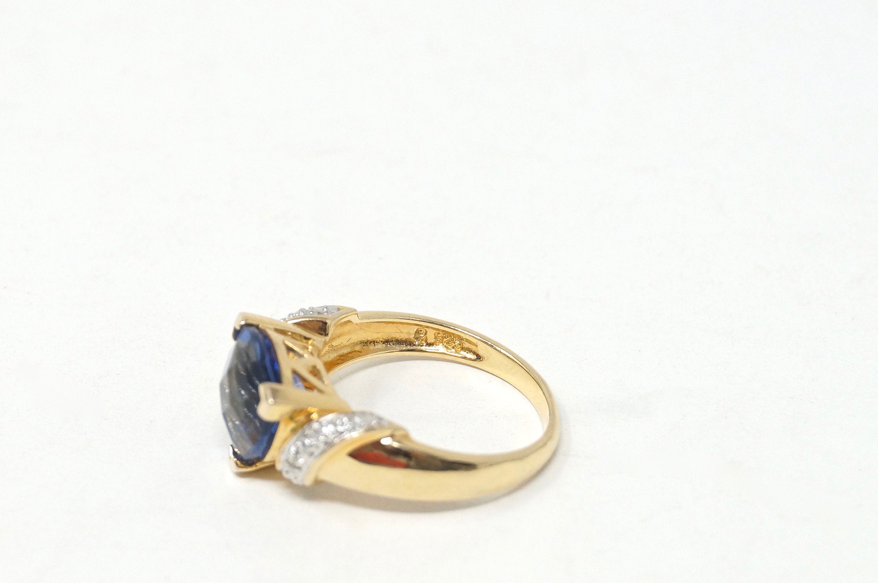 Vintage Blue Crystal Art Deco Style Gold Wash Sterling Silver Ring Size 7