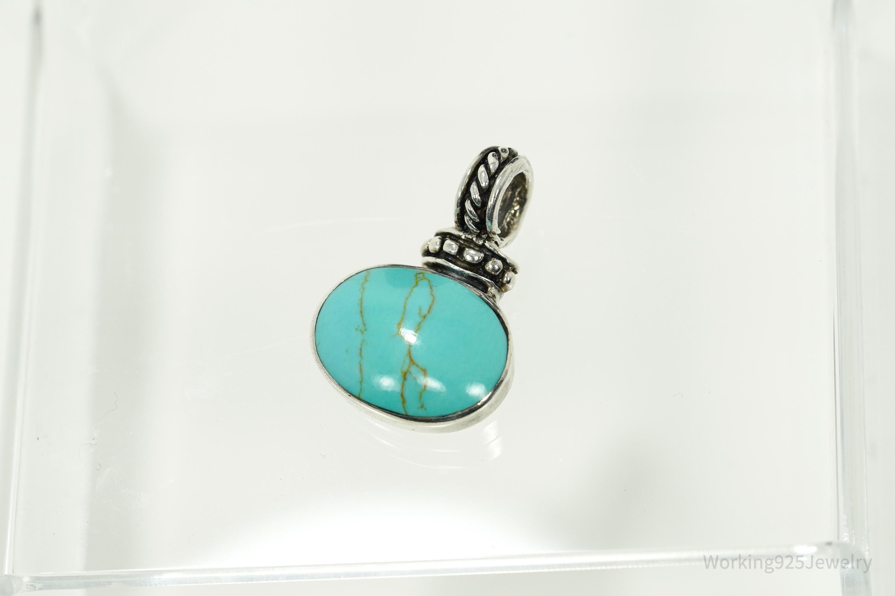 Vintage Blue Turquoise Sterling Silver Pendant 1 1/8"
