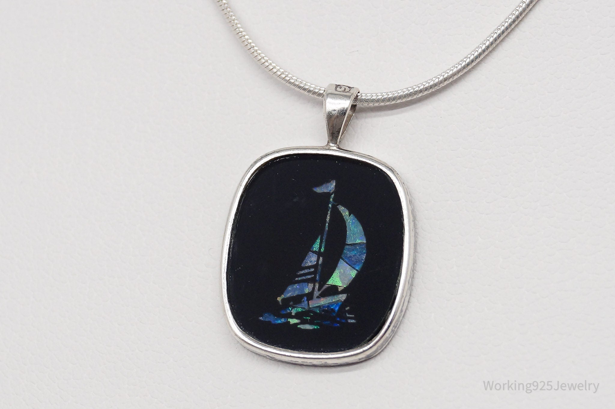 Vintage Opal Inlay Sail Boat Sterling Silver Necklace - 18"