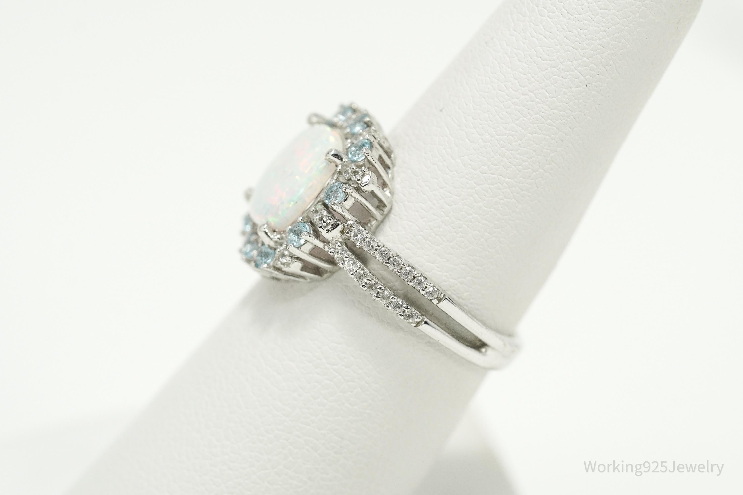 Vintage JWBR Sterling Silver Ring • Opal, Blue Topaz & CZ Cluster Size 7