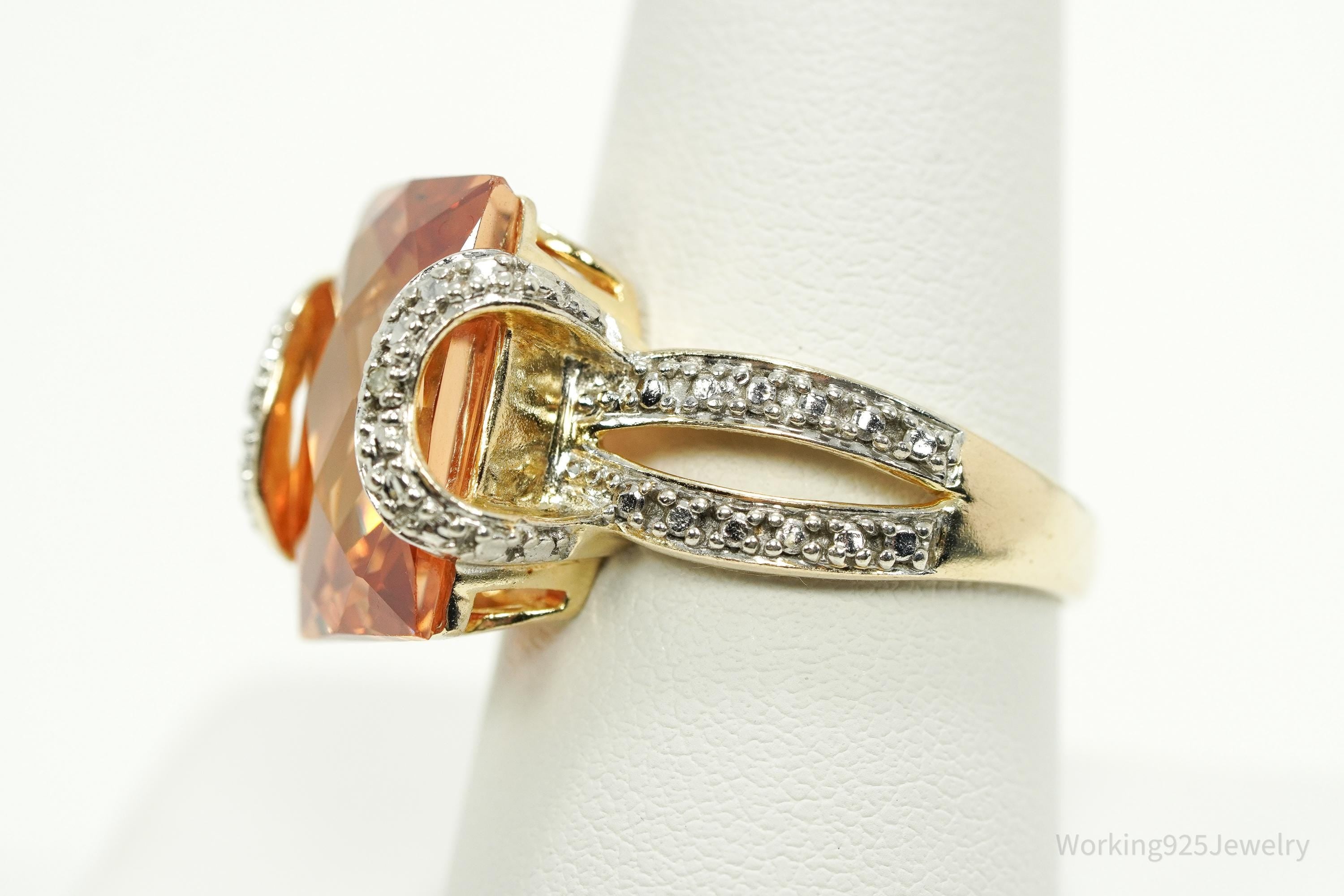 VTG Designer Ross Simons Orange Cubic Zirconia & Diamond Gold Over Sterling Silver Ring - Size 9.25