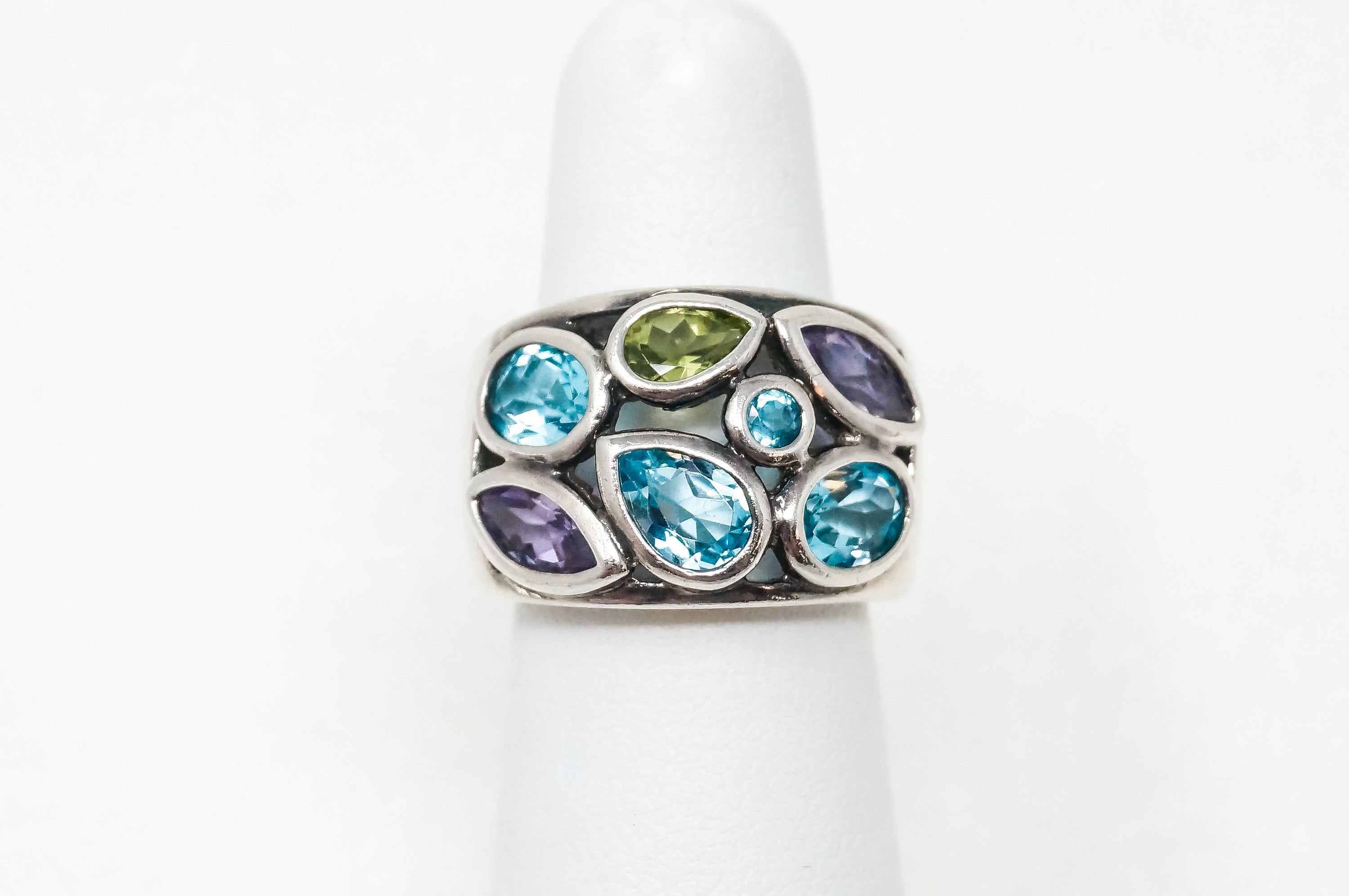 Vintage Blue Topaz Amethyst Peridot Cut Out Sterling Silver Ring - Sz 5