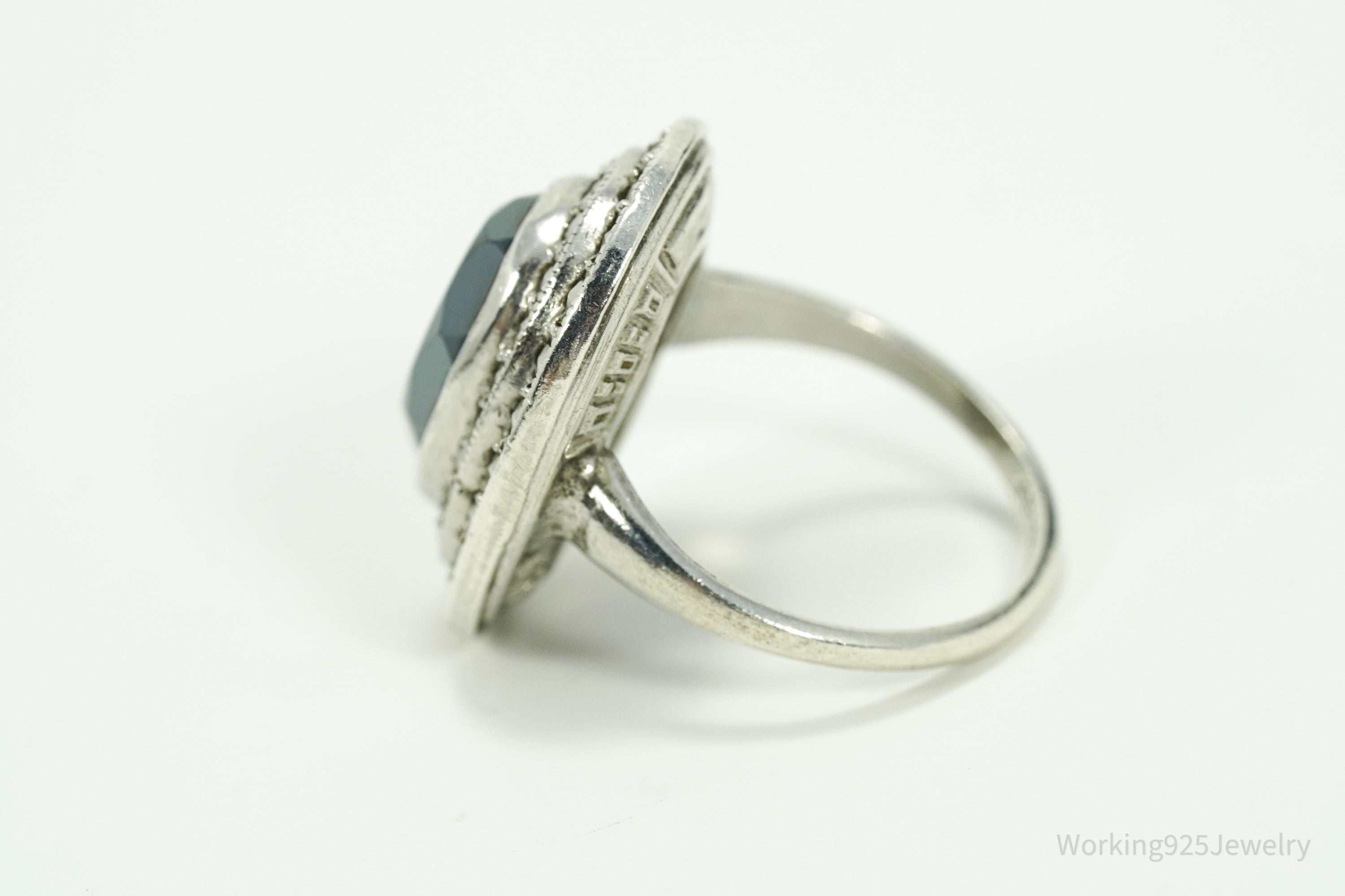 Antique Uncas MFG CO Hematite & Marcasite Sterling Silver Ring Size 6.75