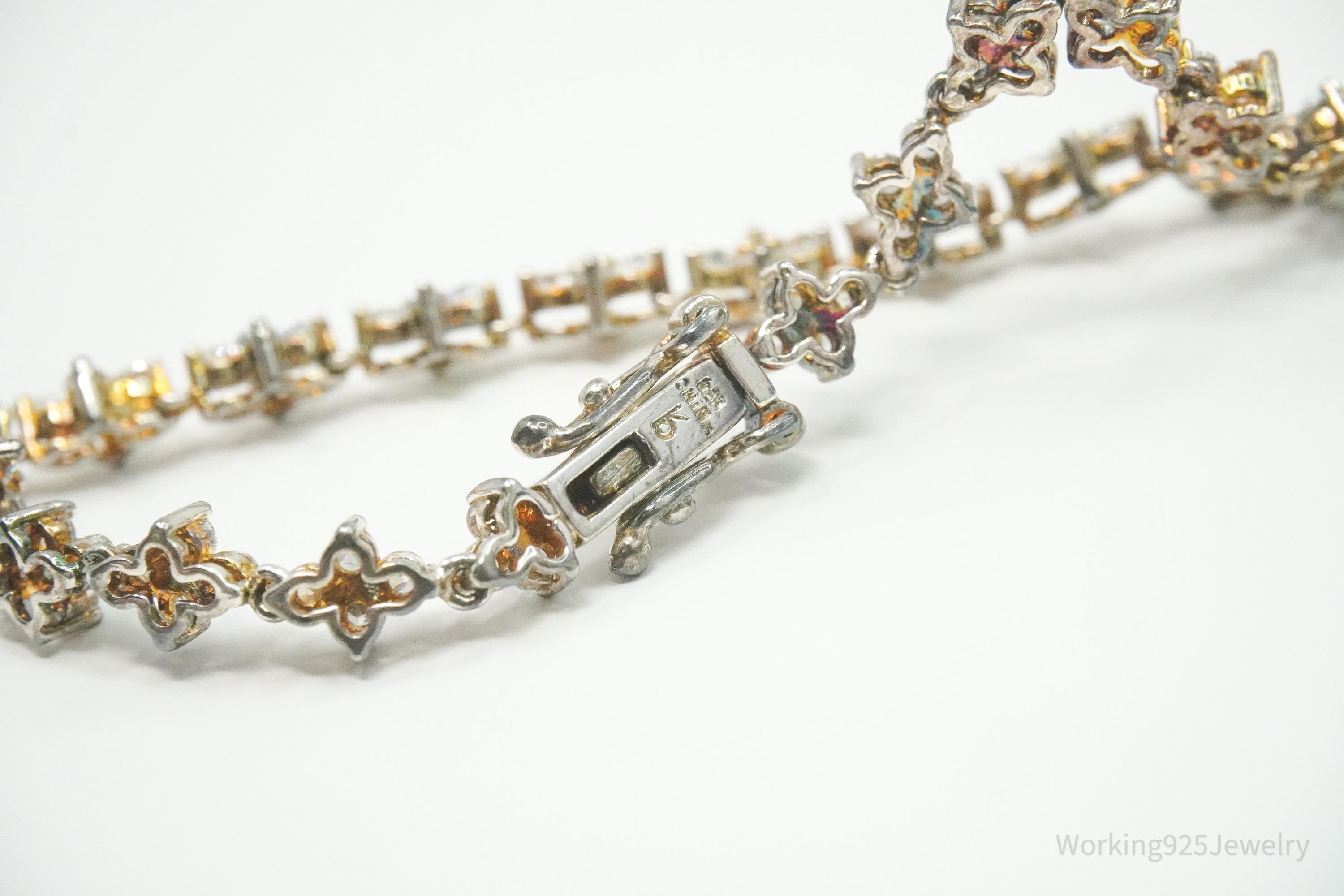 Vintage Cubic Zirconia Gold Wash Sterling Silver Tennis Bracelet 7.25"