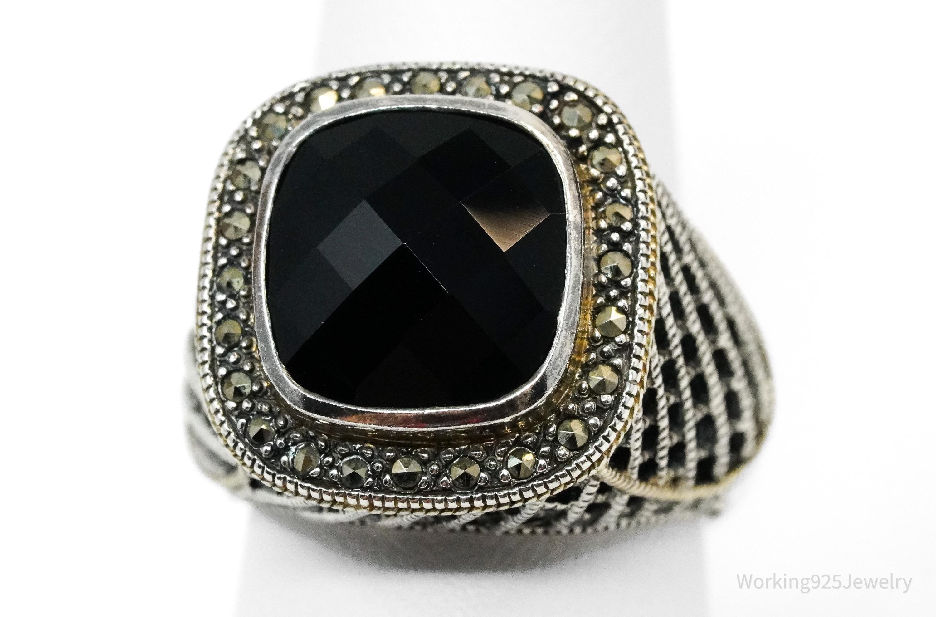 Vintage Black Onyx & Marcasite Sterling Silver Ring - Size 7