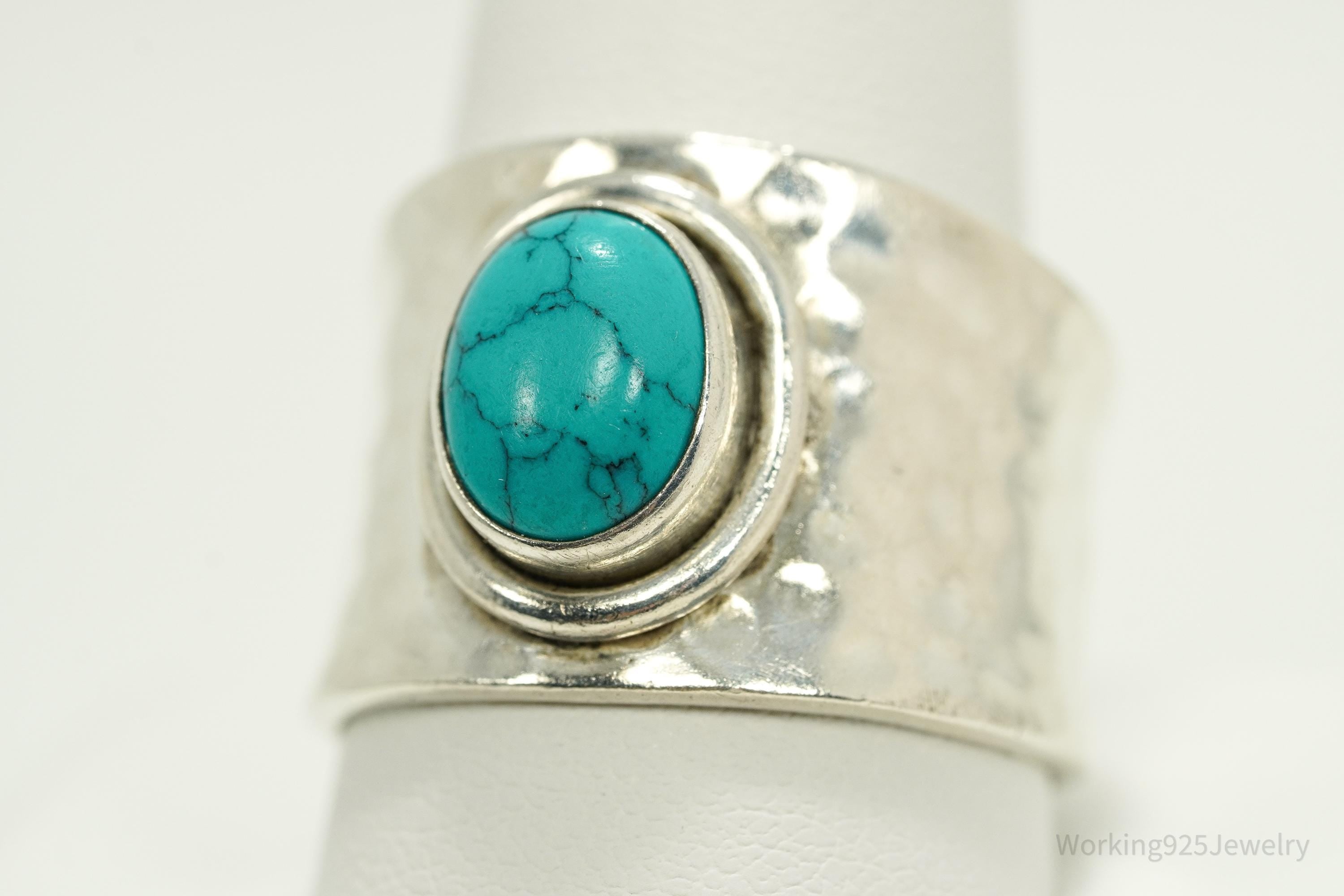 Vintage Turquoise Hammered Style Silver Ring - Size 12