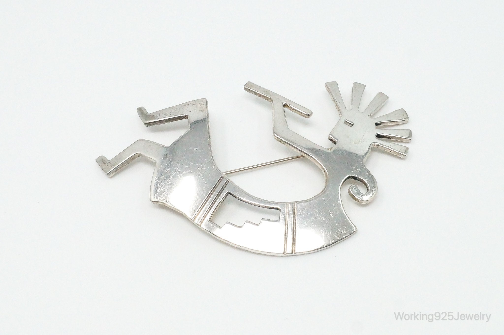 Large Vintage Native American Dancing Kokopelli Sterling Silver Brooch Pin
