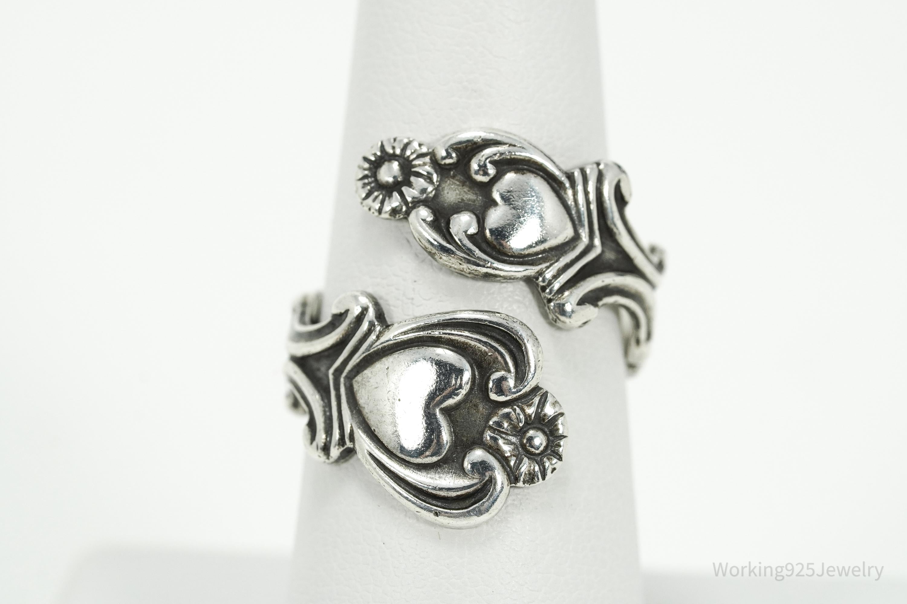 Vintage Avon Hearts & Flowers Sterling Silver Adjustable Wrap Spoon Ring - Size 7.5