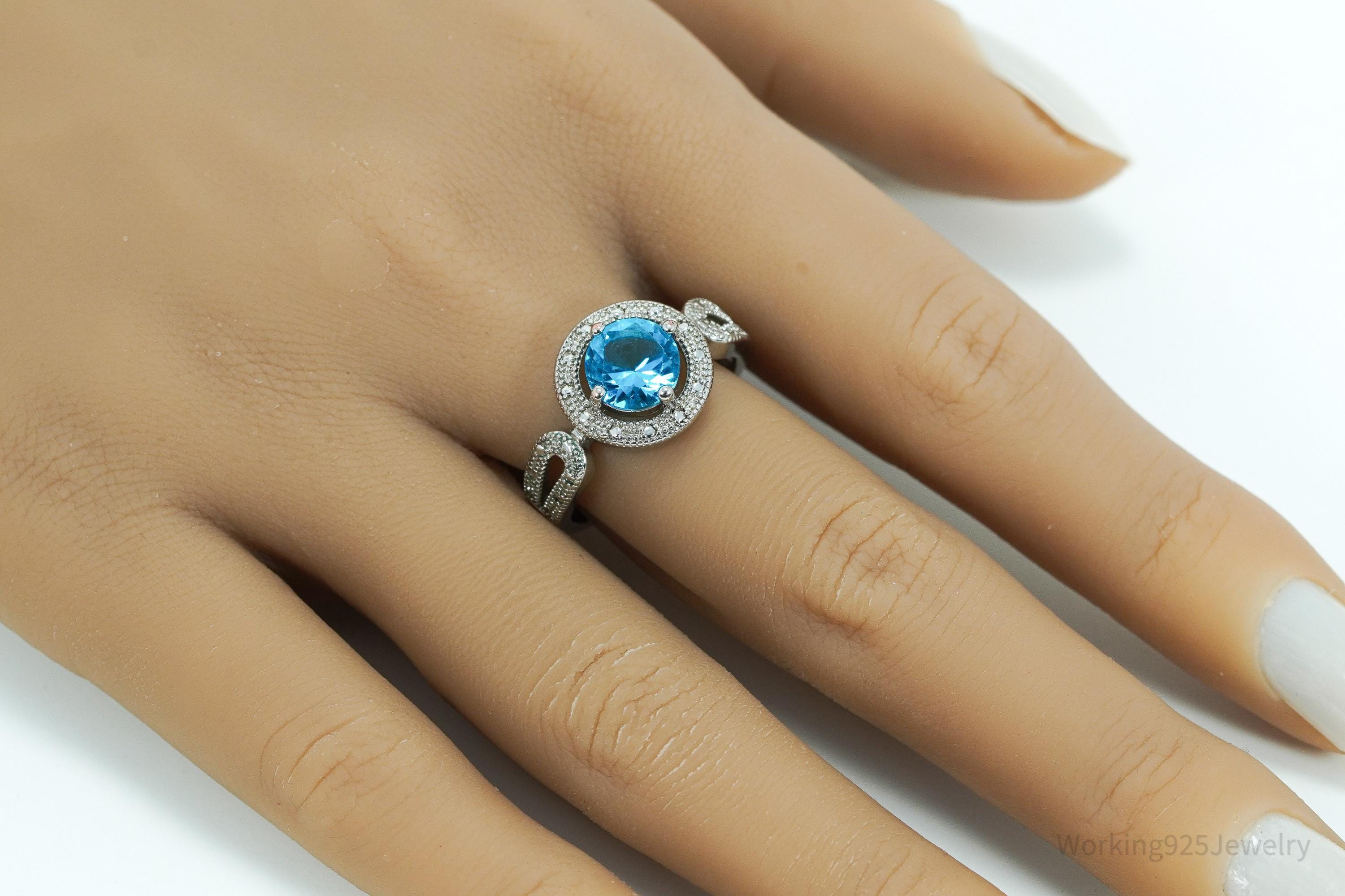 Vintage Faux Blue Topaz Sterling Silver Plated Ring - Size 9.25