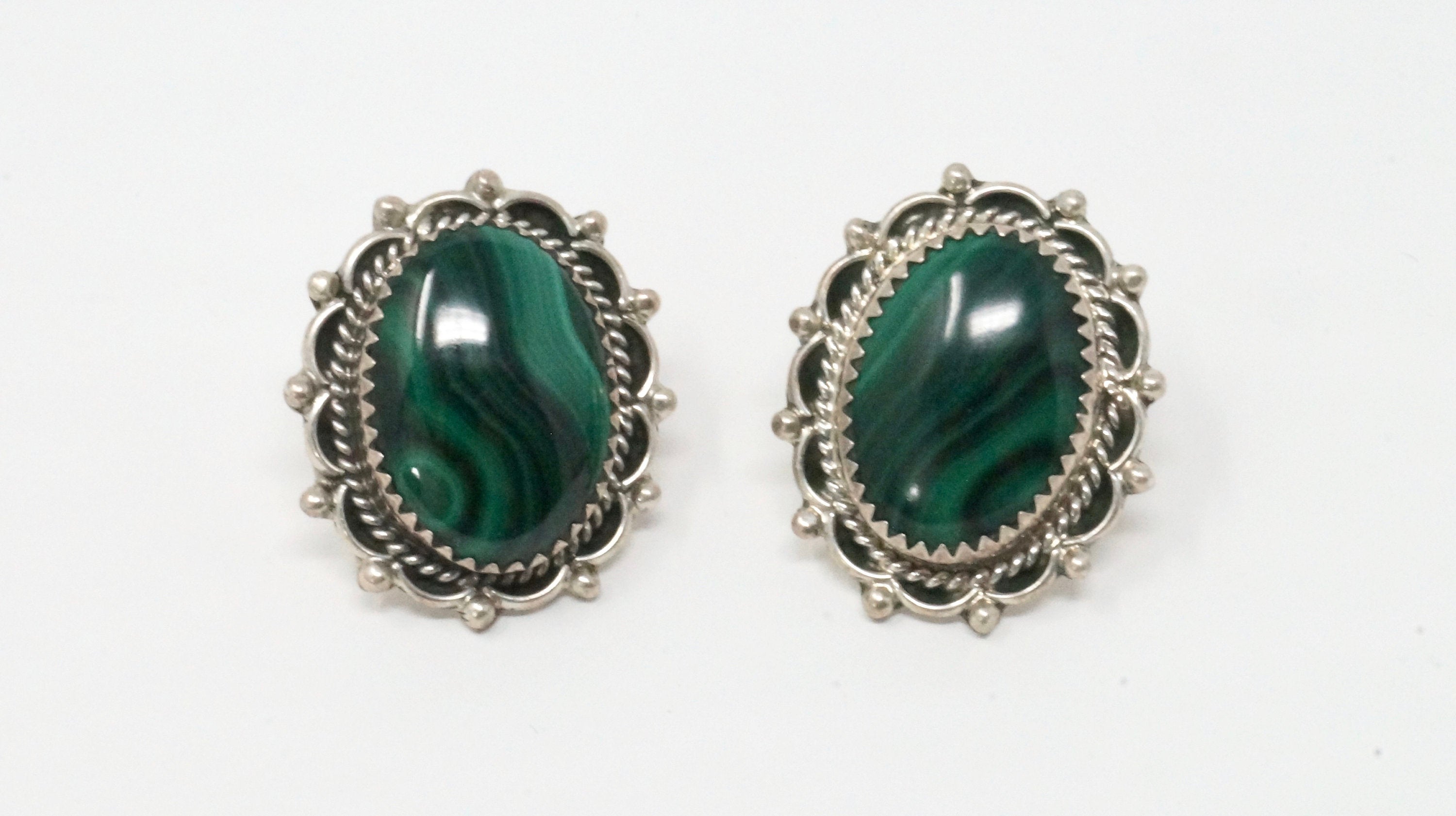 Vintage Native American Signed QQ Malachite Rope Post Sterling Silver Earrings