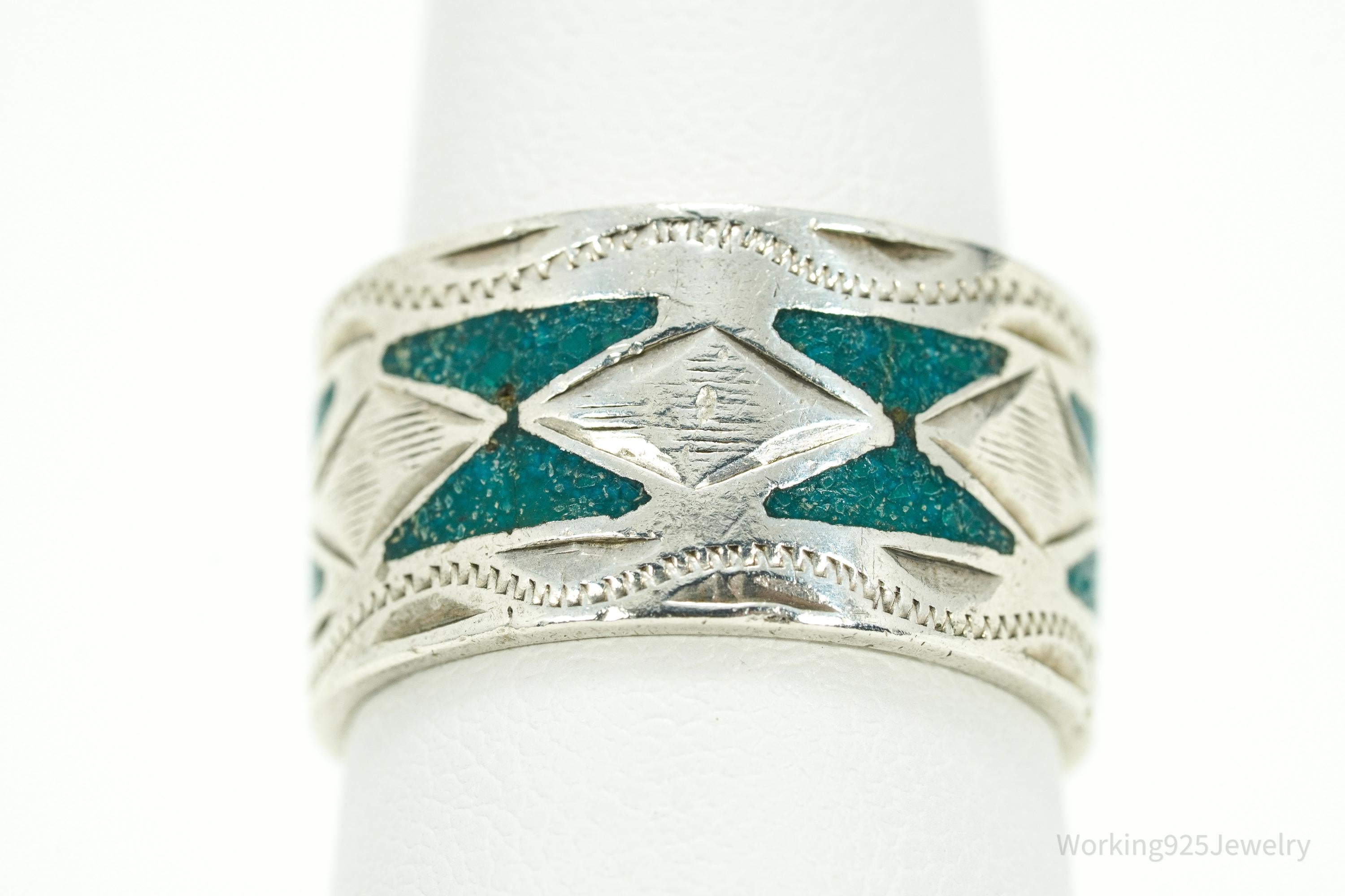 Vintage Mexico JGM Turquoise Inlay Sterling Silver Ring - Size 7.25