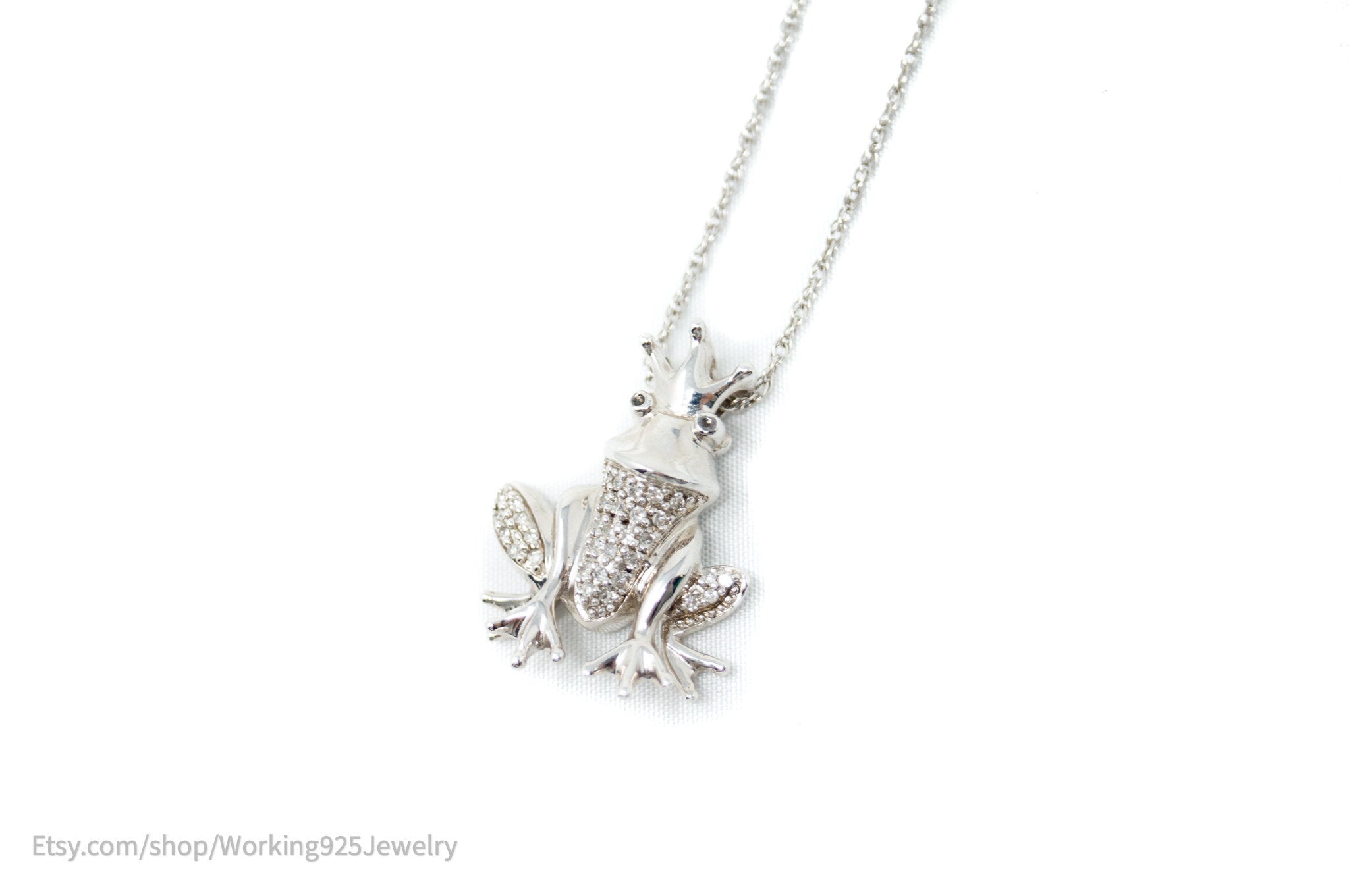 Vintage Diamond King Frog Toad Sterling Silver Necklace
