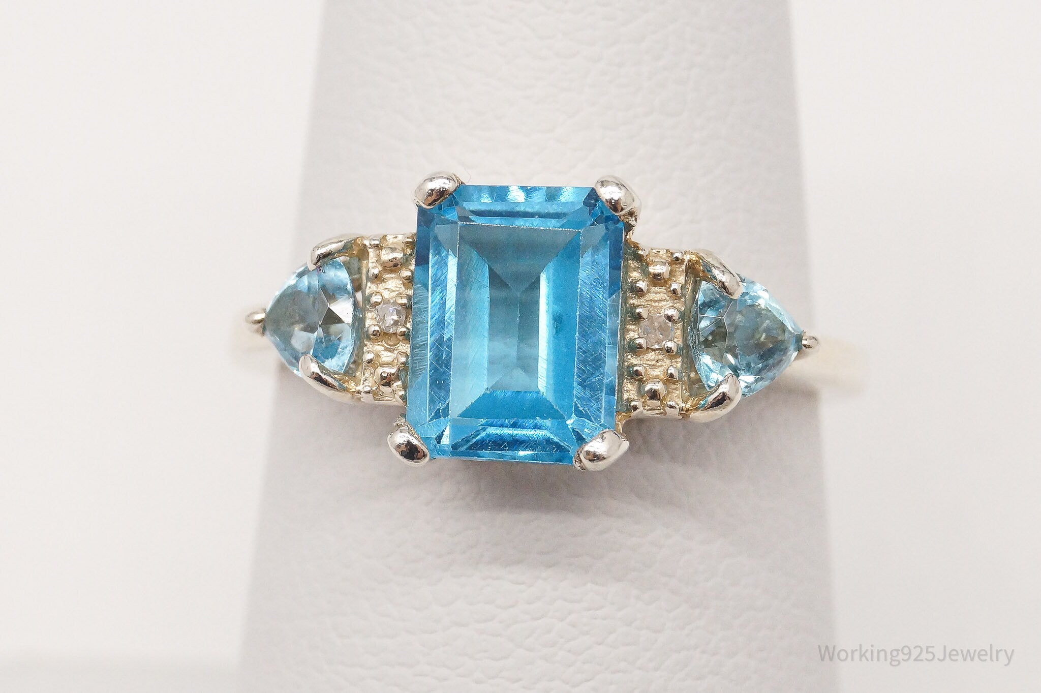 Vintage Blue Topaz Two Diamond Sterling Silver Ring - Size 6.75