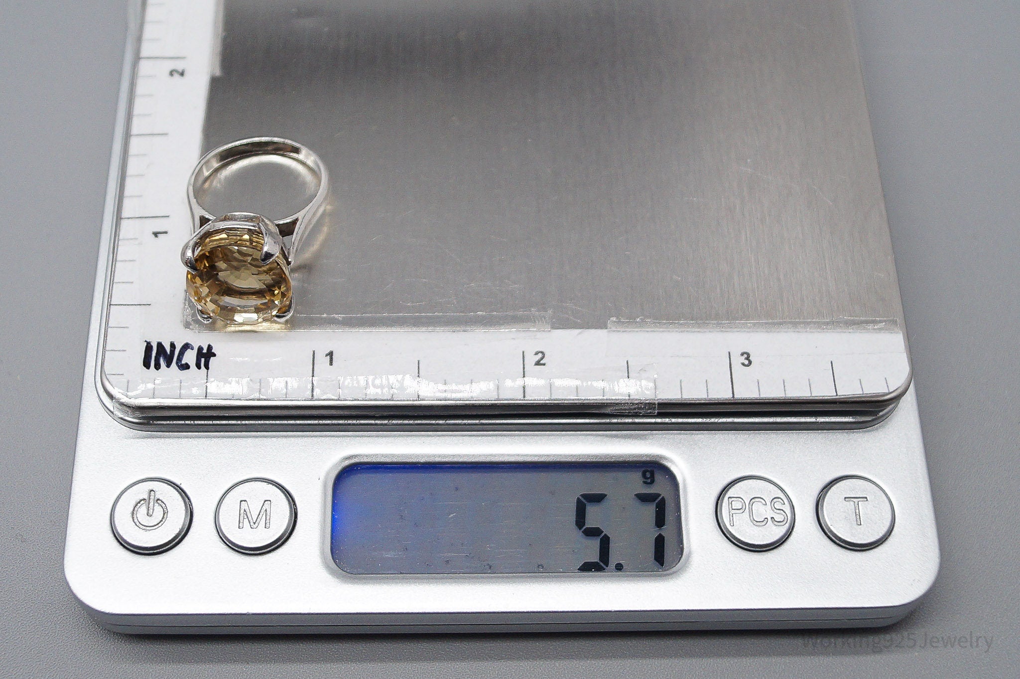 Vintage Large Citrine Silver Ring - Size 5