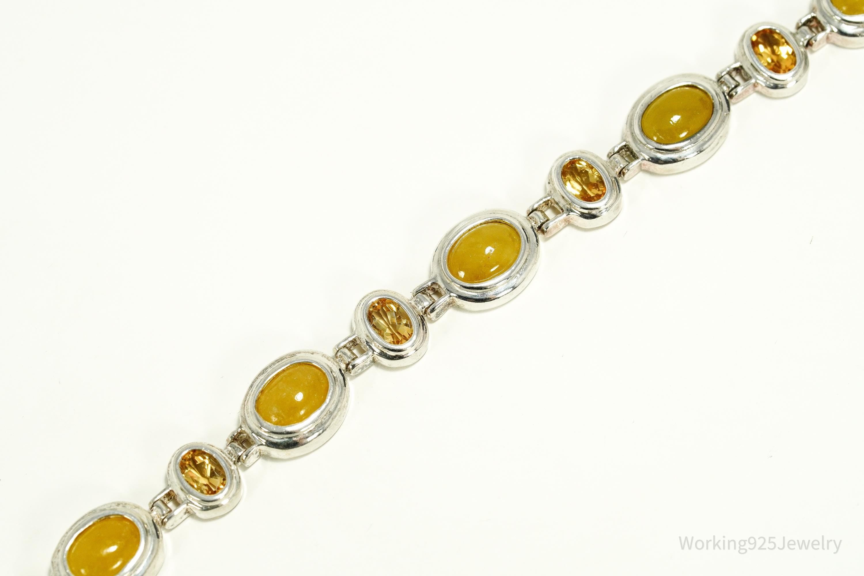 Vintage Yellow Jade & Citrine Sterling Silver Bracelet 7 7/8"