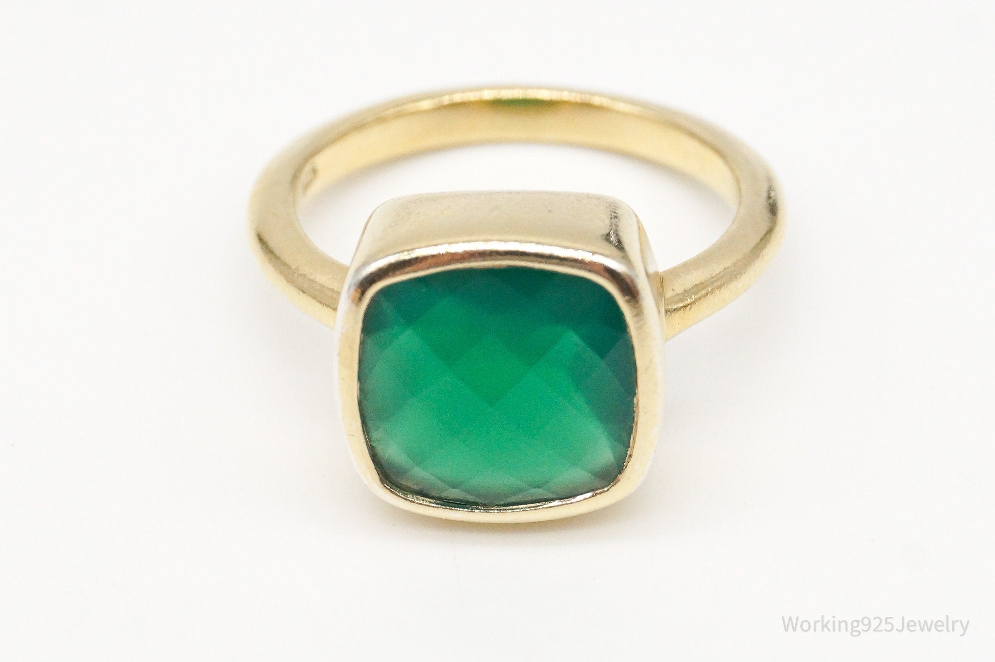 Vintage Green Onyx Gold Wash Sterling Silver Ring - Size 6.75