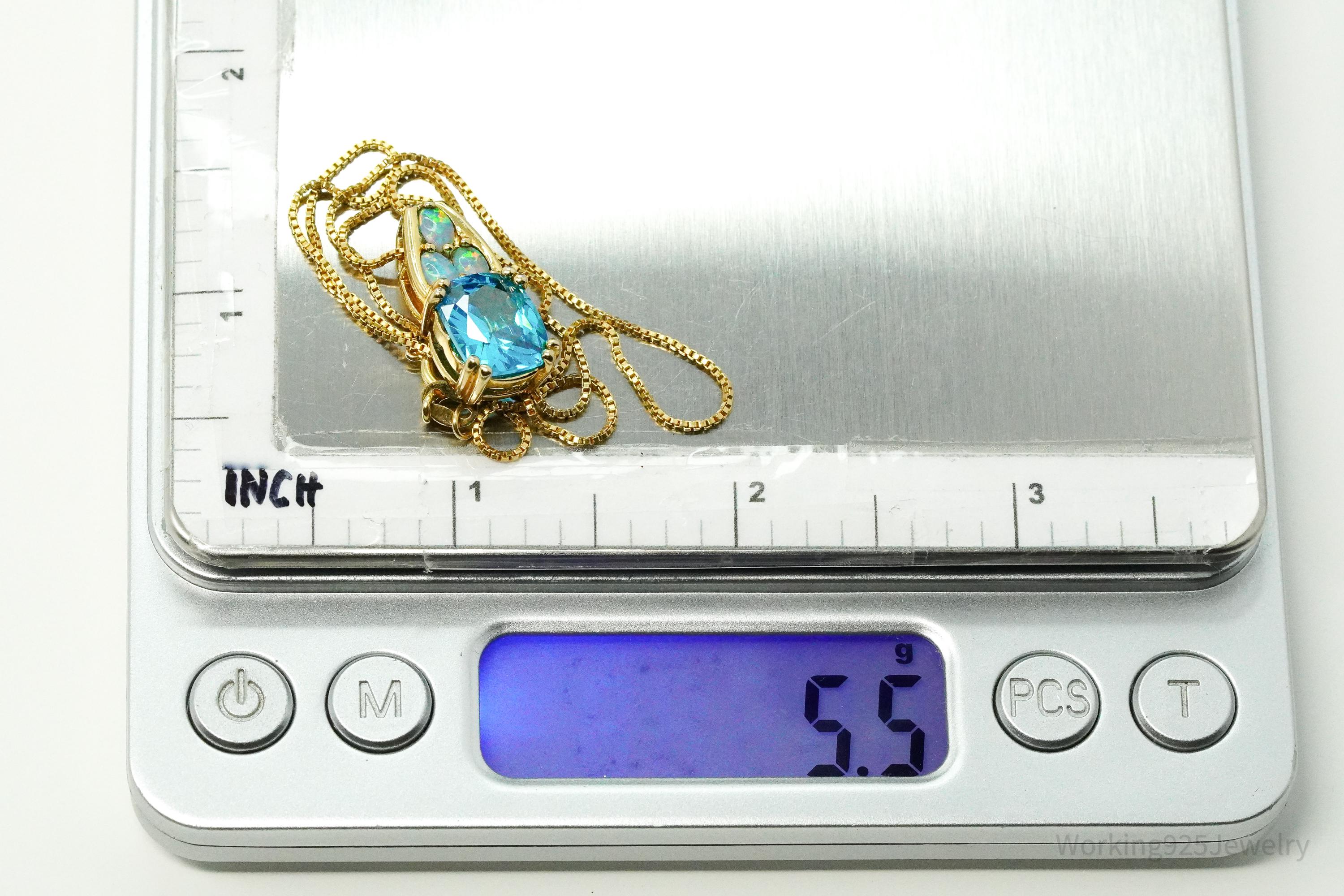 Vintage Blue Tourmaline & Opal Gold Vermeil Sterling Silver Necklace 16"