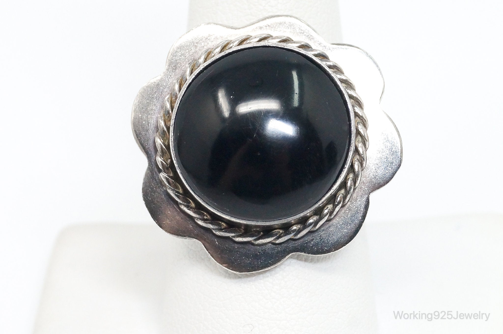 Vintage Mexico Large Black Onyx Flower Sterling Silver Ring SZ 8.5 Adjustable