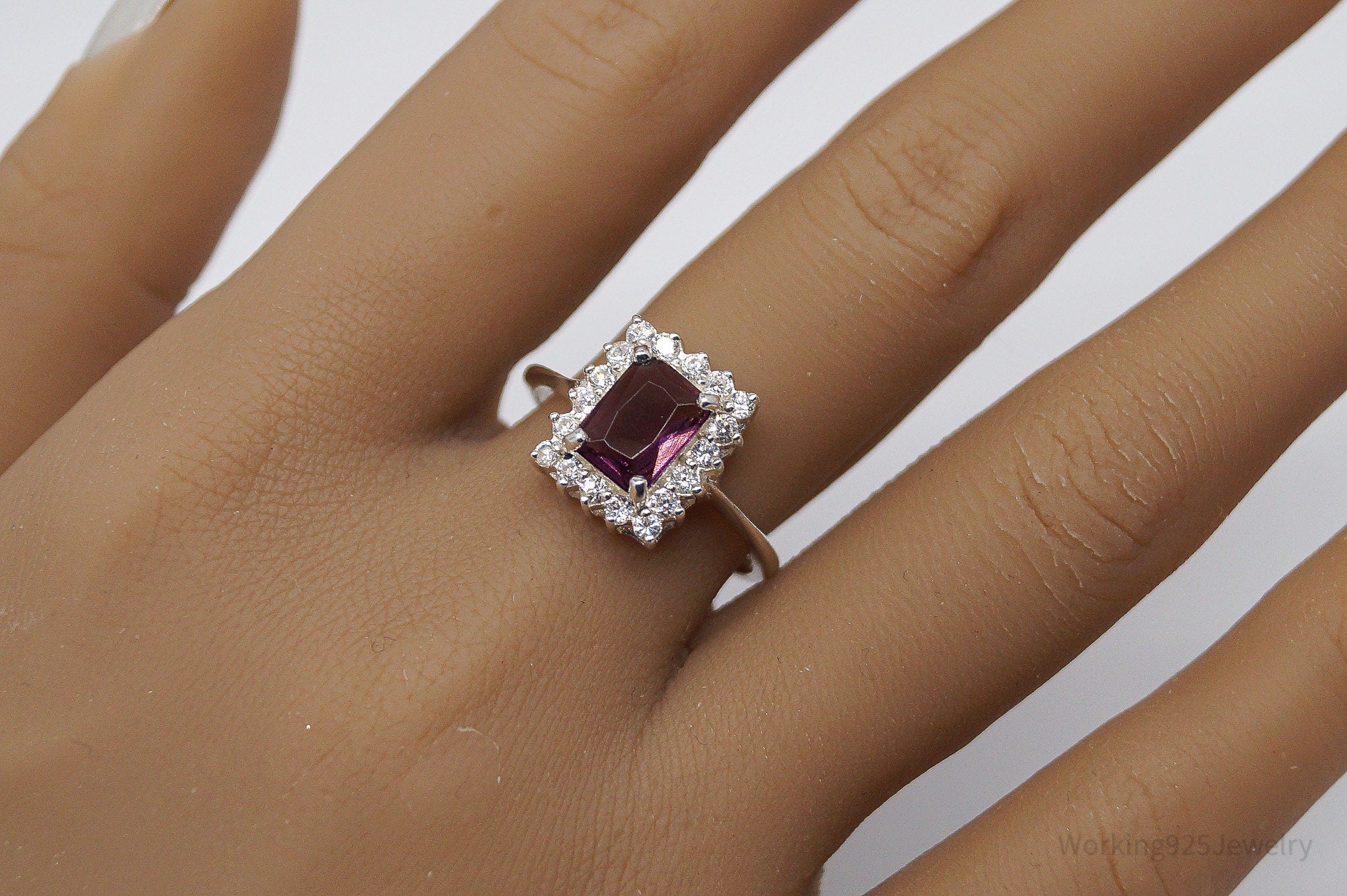 Vintage Amethyst Cubic Zirconia Sterling Silver Ring - Size 8.75