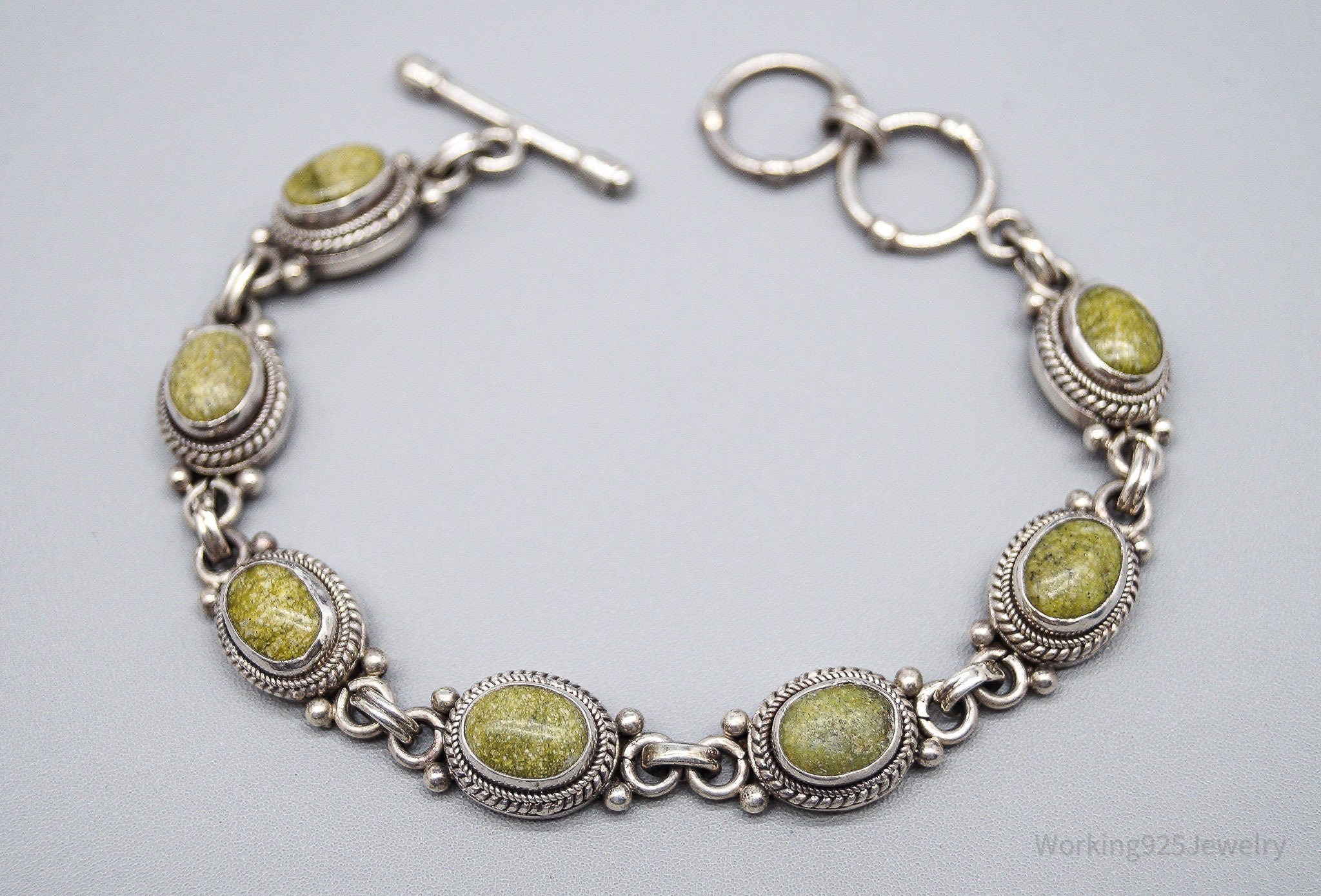 Vintage Green Stone Sterling Silver Toggle Bracelet