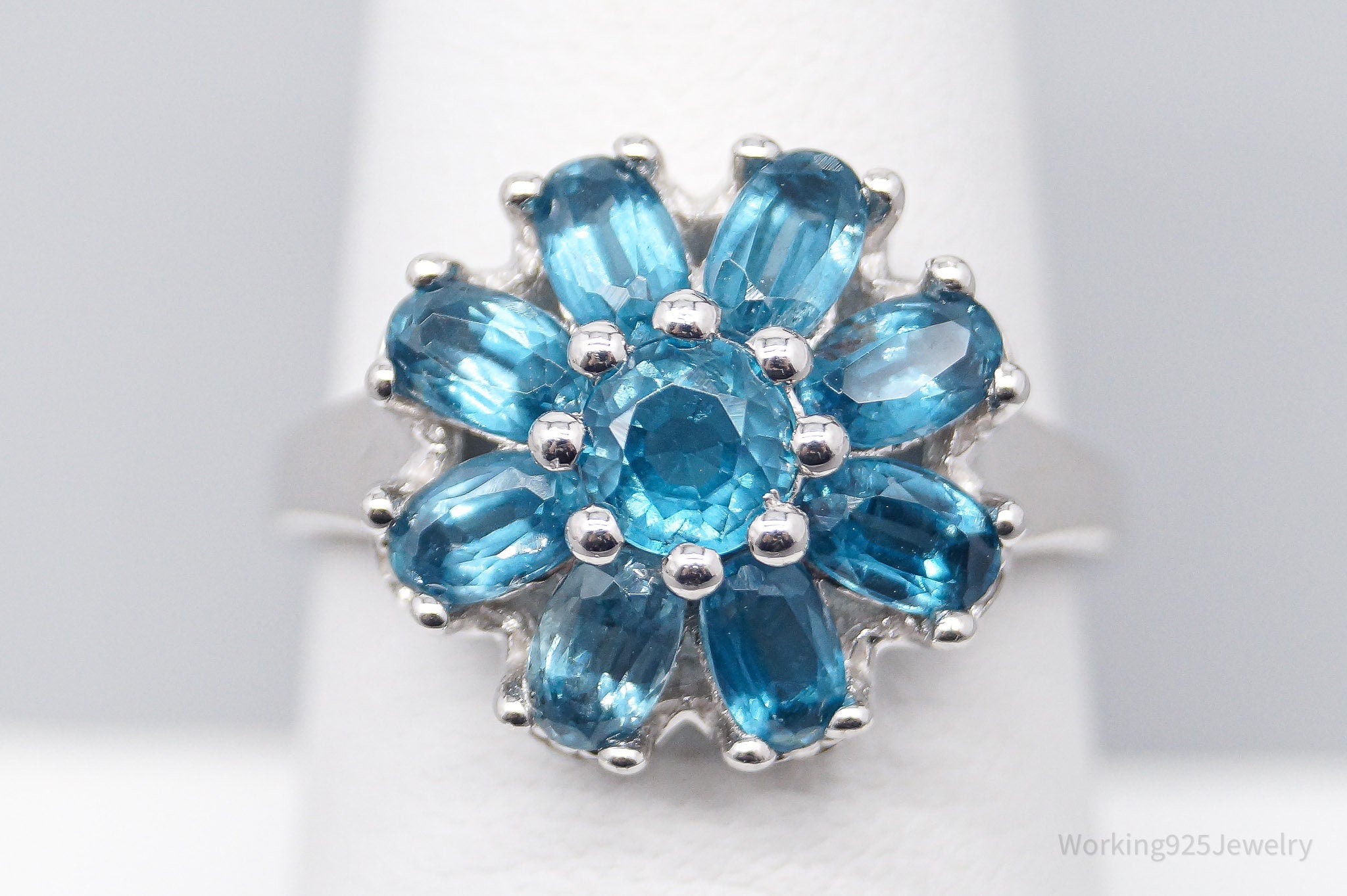 JTV TGGC Blue Topaz Flower Rhodium Over Sterling Silver Ring - Size 7.75