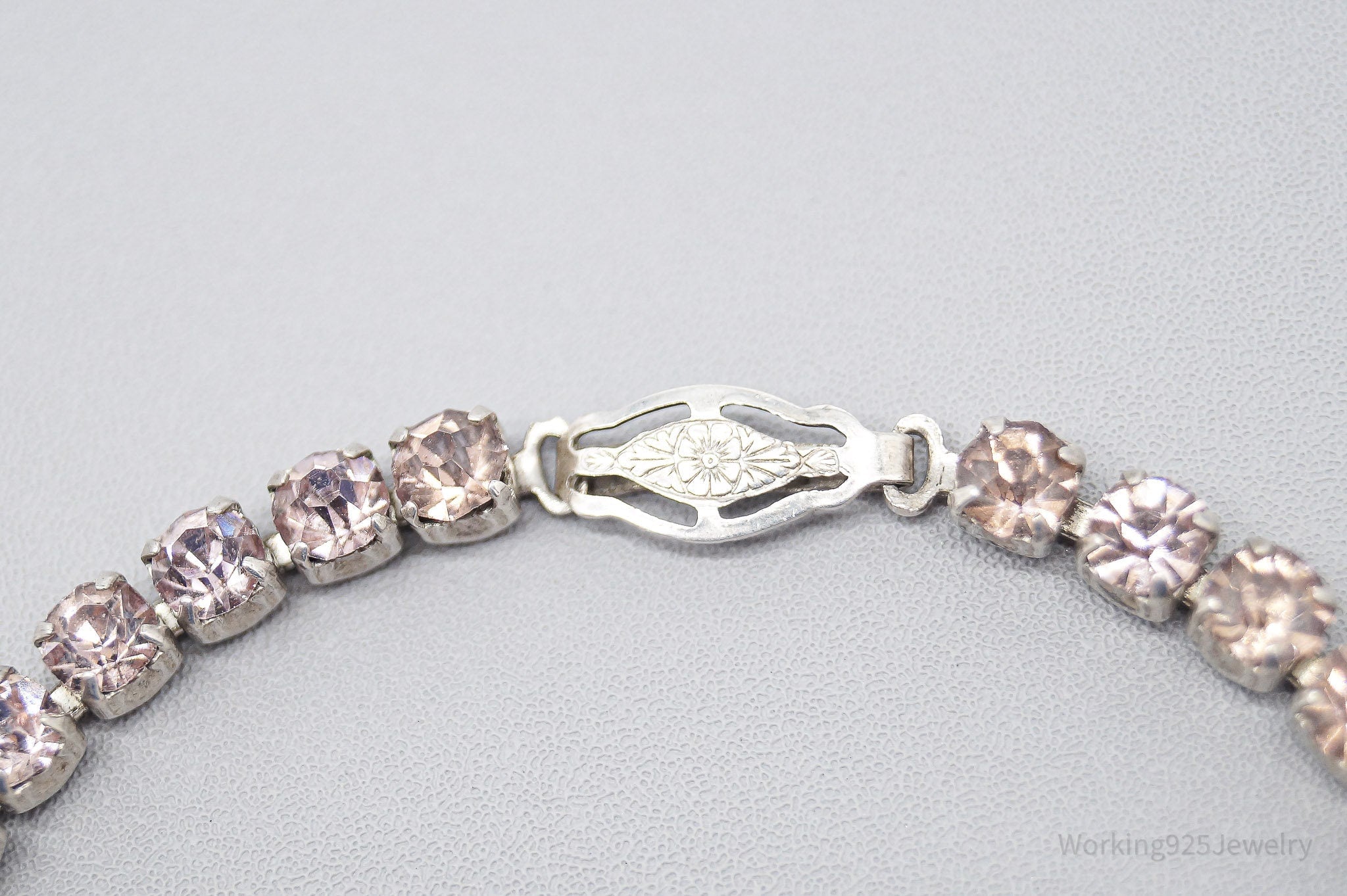 Antique Art Deco Pink Rhinestone Sterling Silver Bracelet - 6 7/8"