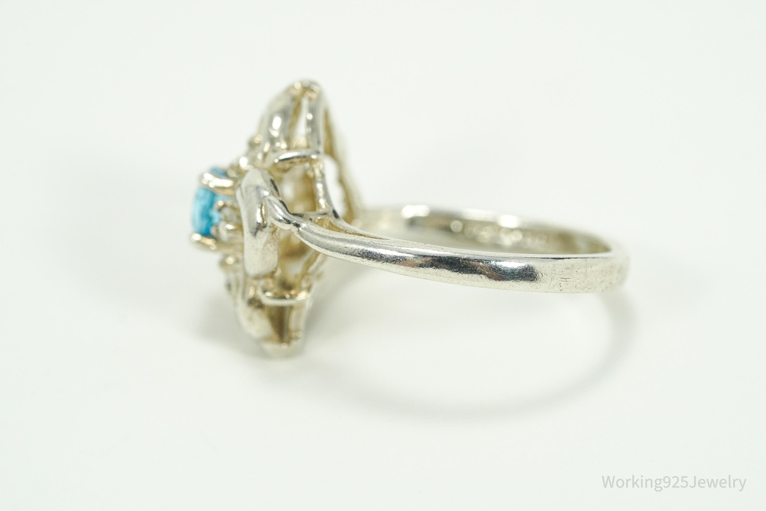 Vintage Blue Topaz & Cubic Zirconia Dolphins Sterling Silver Ring - Size 7