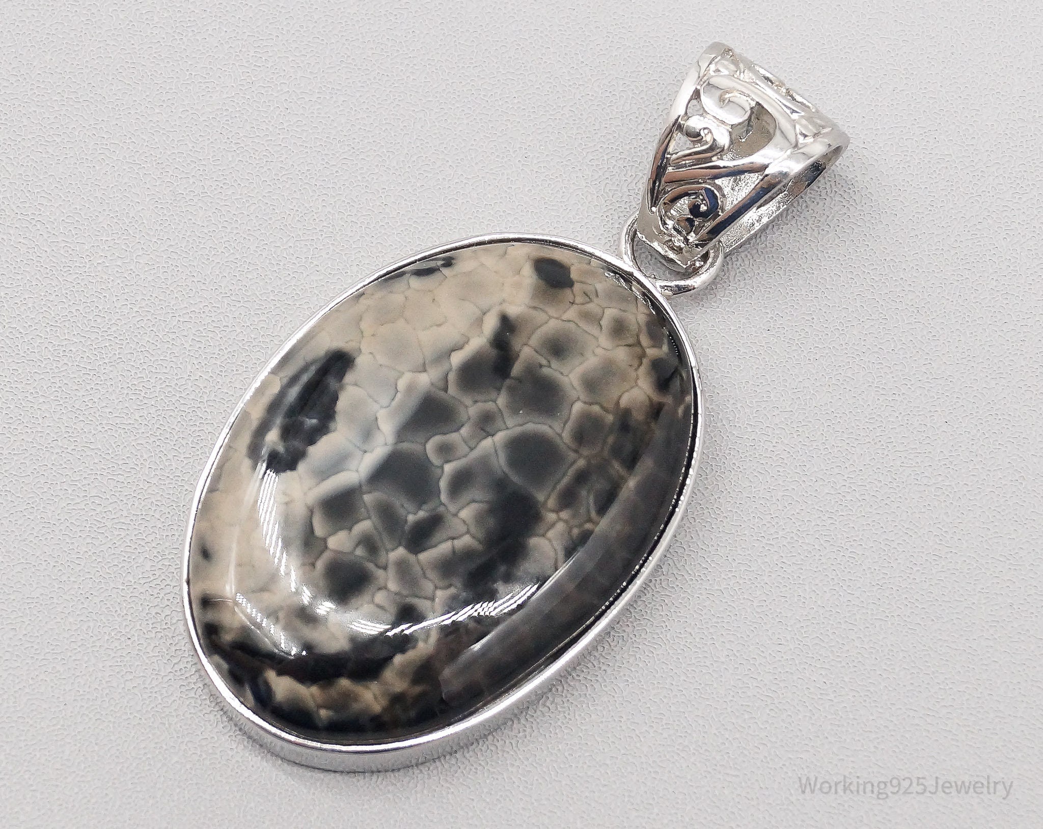 Vintage Large Black Cream Color Stone Sterling Silver Necklace Pendant