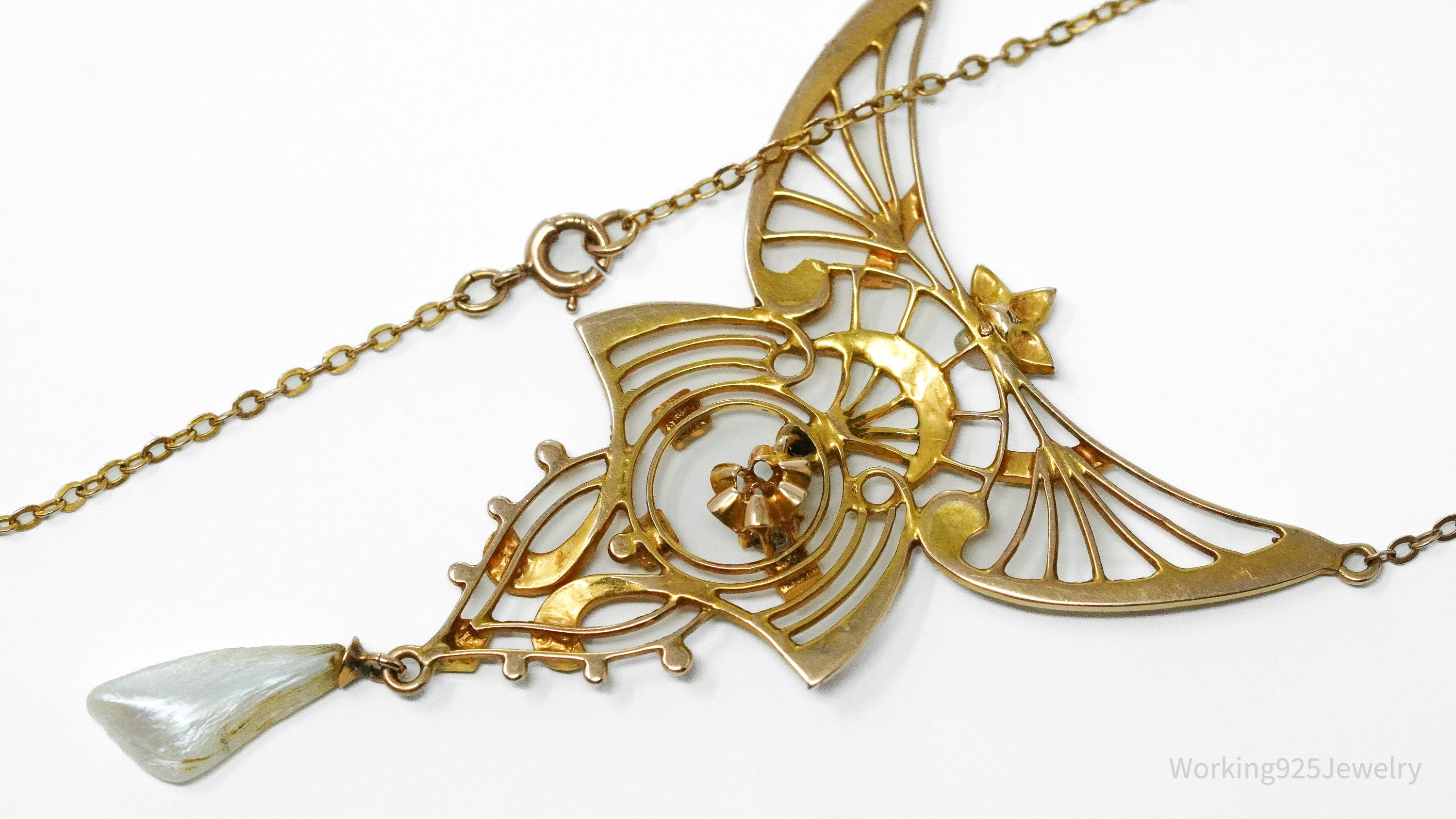 Ornate 14K Yellow Gold, Pearl & Diamond Pendant Necklace - 17"