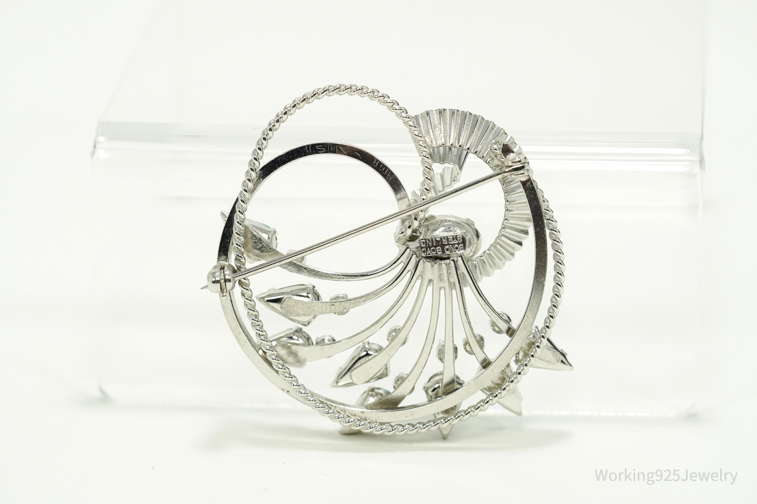 Vintage Designer BOND BOYD Blue Rhinestone Art Deco Sterling Silver Brooch Pin