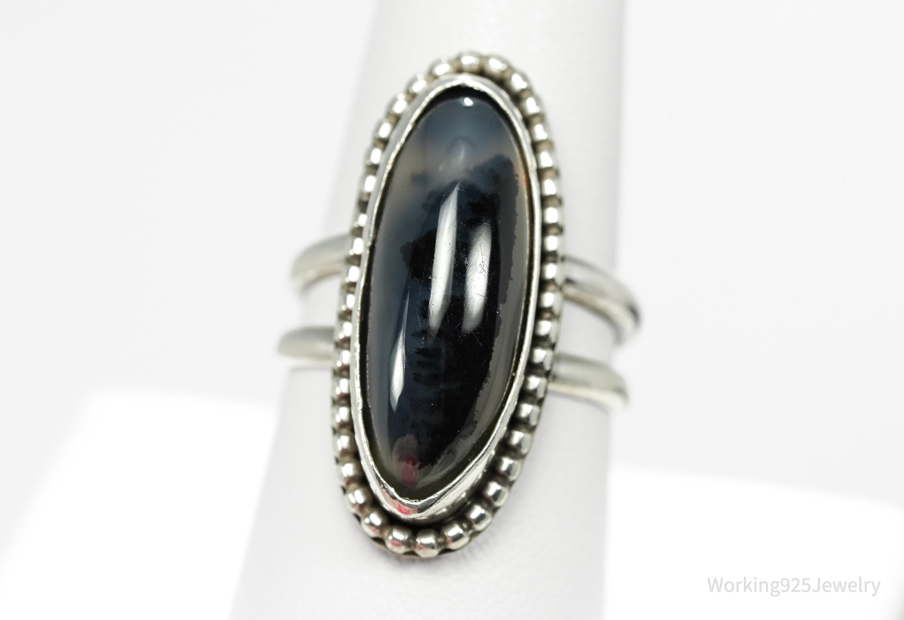 Vintage Large Agate Silver Ring - Size 9