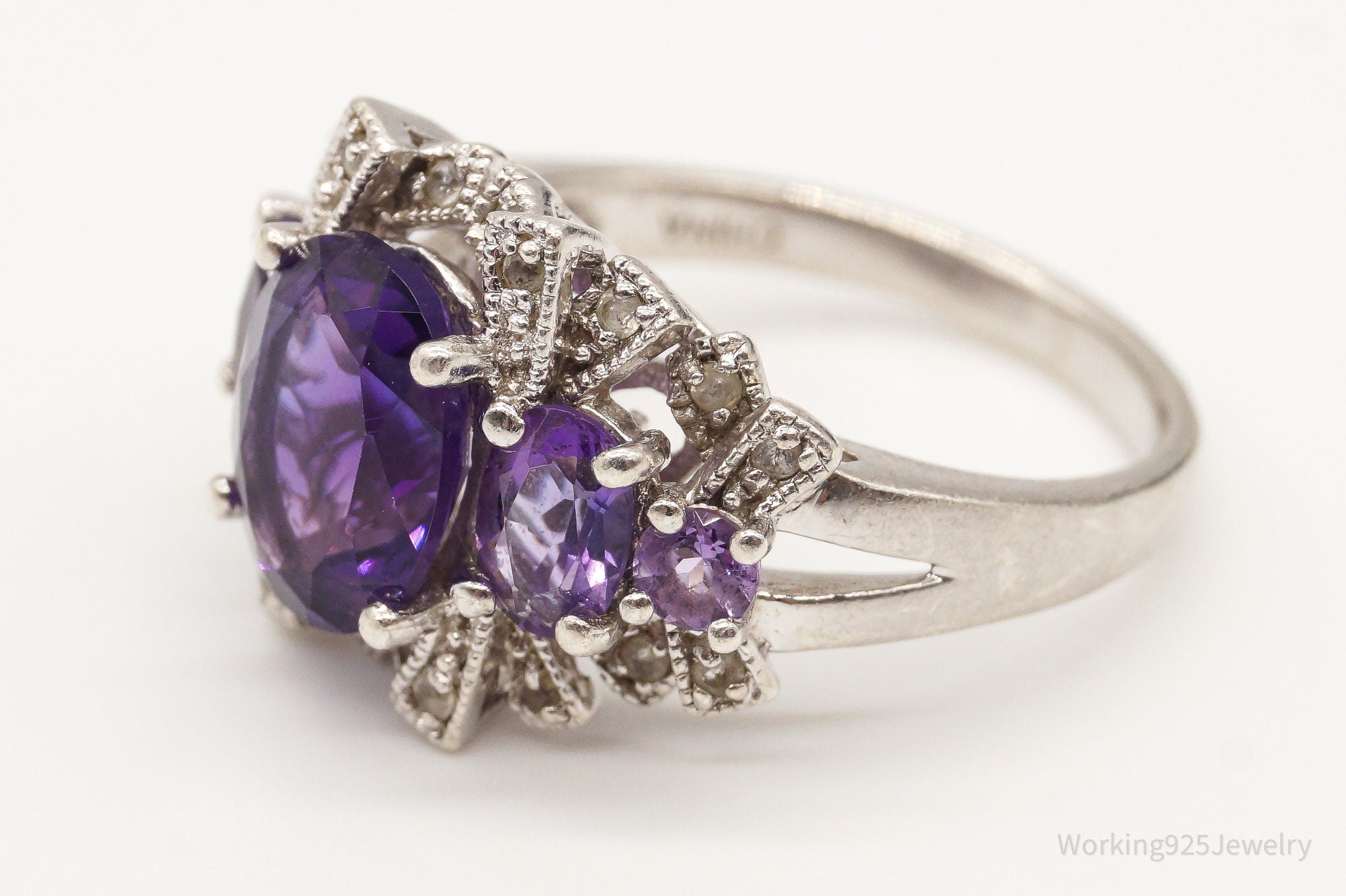 Vintage Amethyst Cubic Zirconia Sterling Silver Ring - Size 7.75
