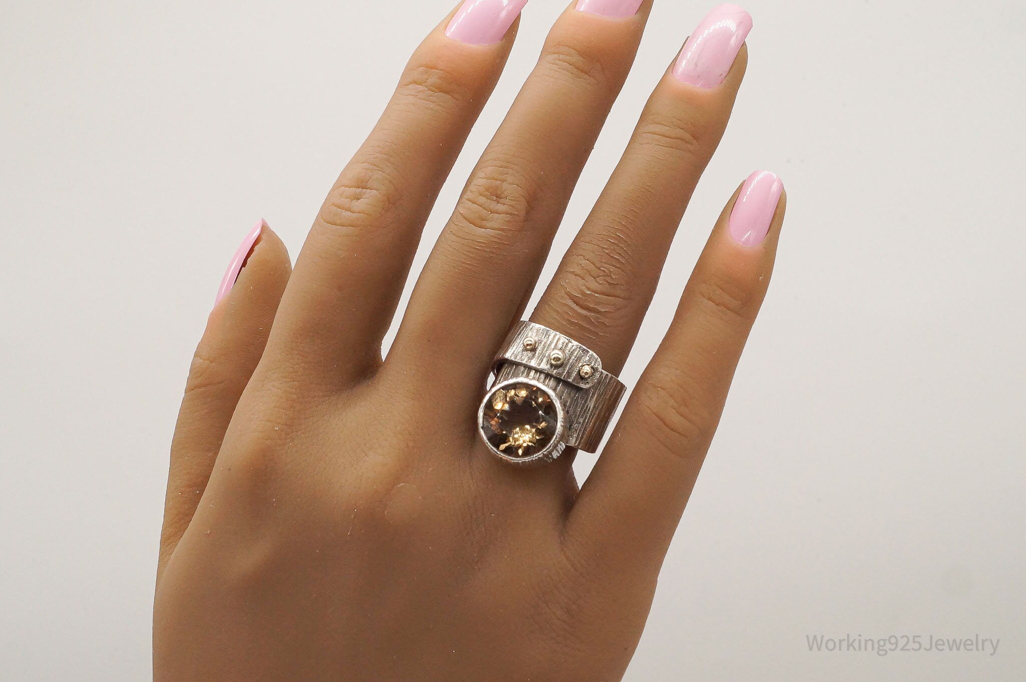 Vintage Large Smoky Topaz 14K Gold Sterling Silver Ring - Size 7.25 Adjustable