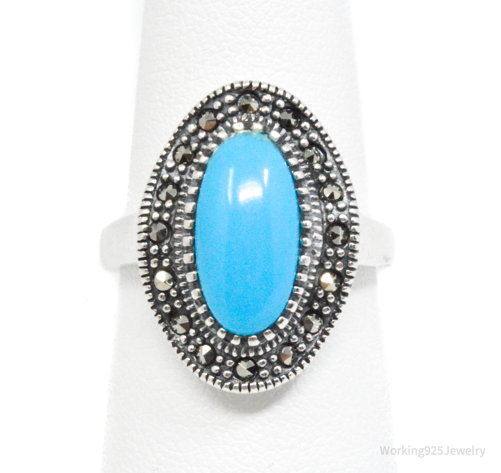 Vintage Art Deco Large Turquoise Marcasite Sterling Silver Ring - Sz 8.5