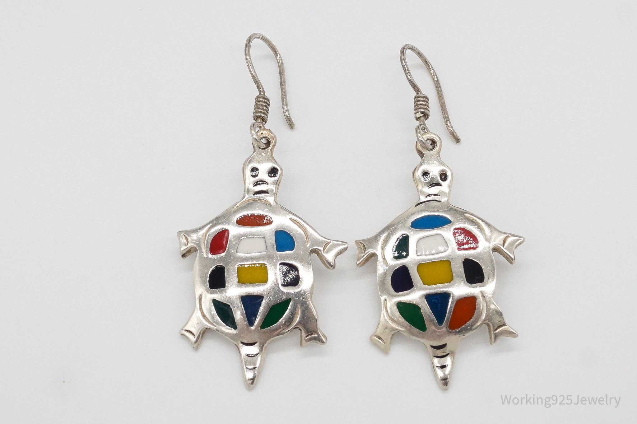 Vintage Mexico Rainbow Enamel Inlay Sterling Silver Turtles Earrings