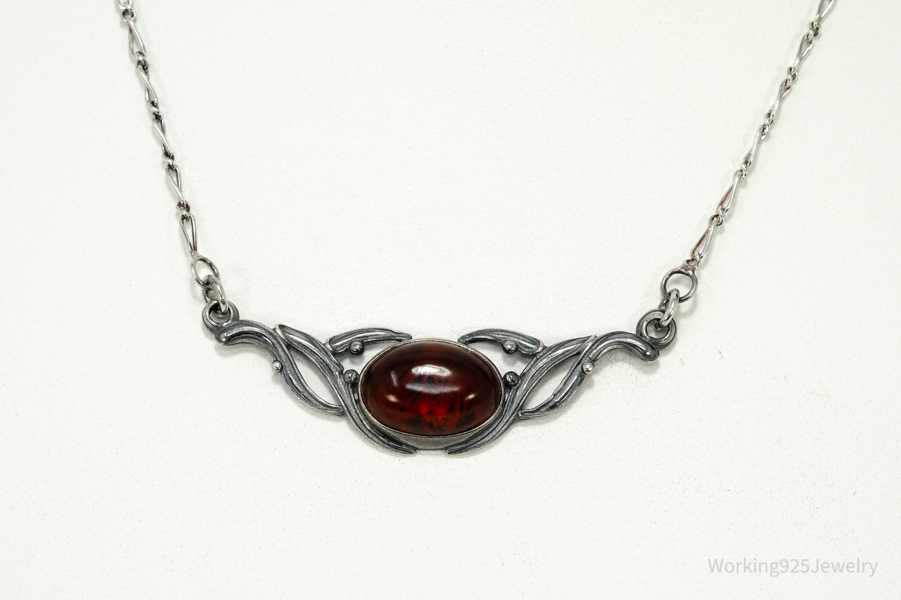 Vintage Amber Sterling Silver Necklace 16"