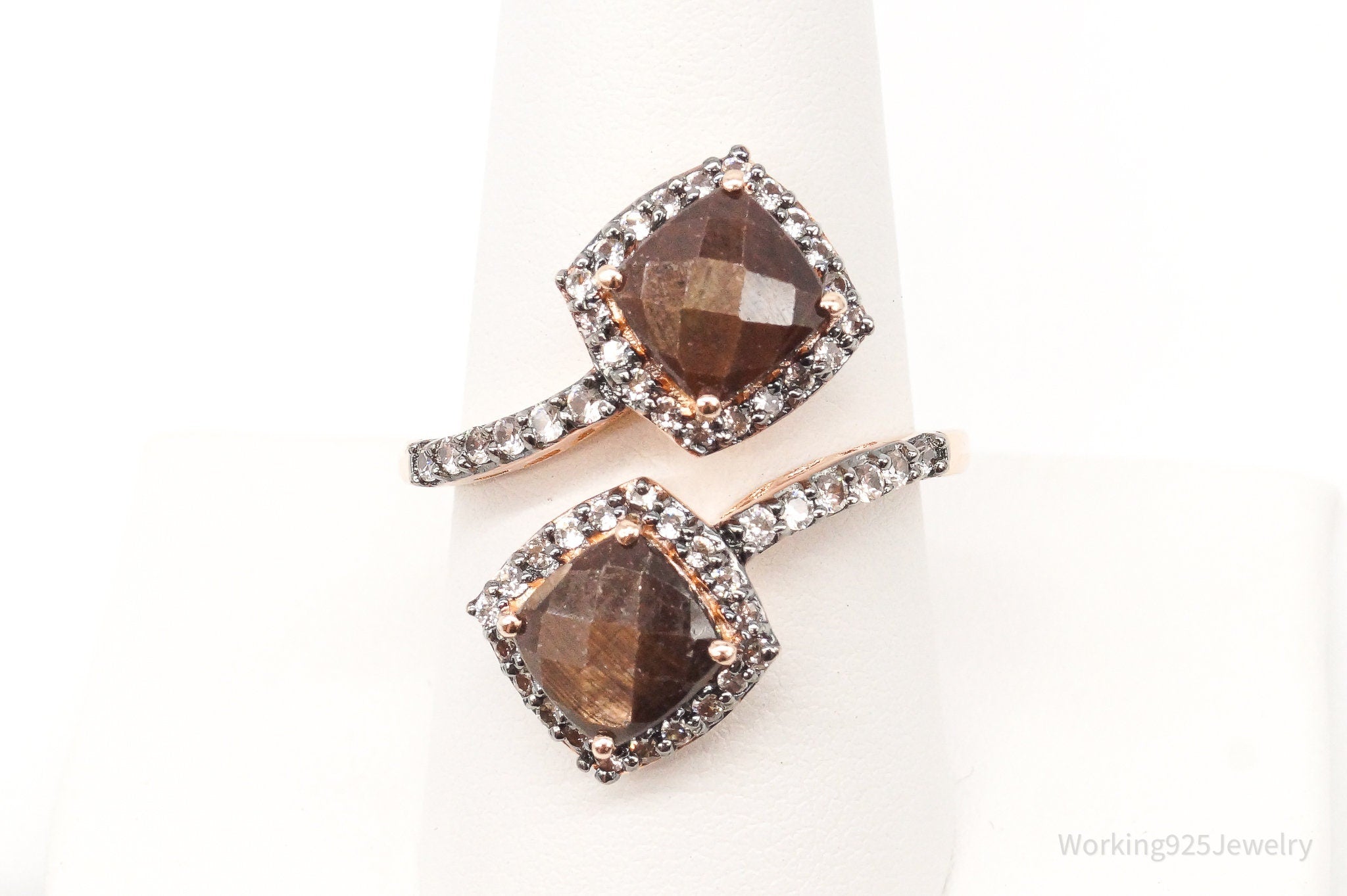 Vintage Tigers Eye Cubic Zirconia Rose Gold Vermeil Sterling Silver Ring Size 9