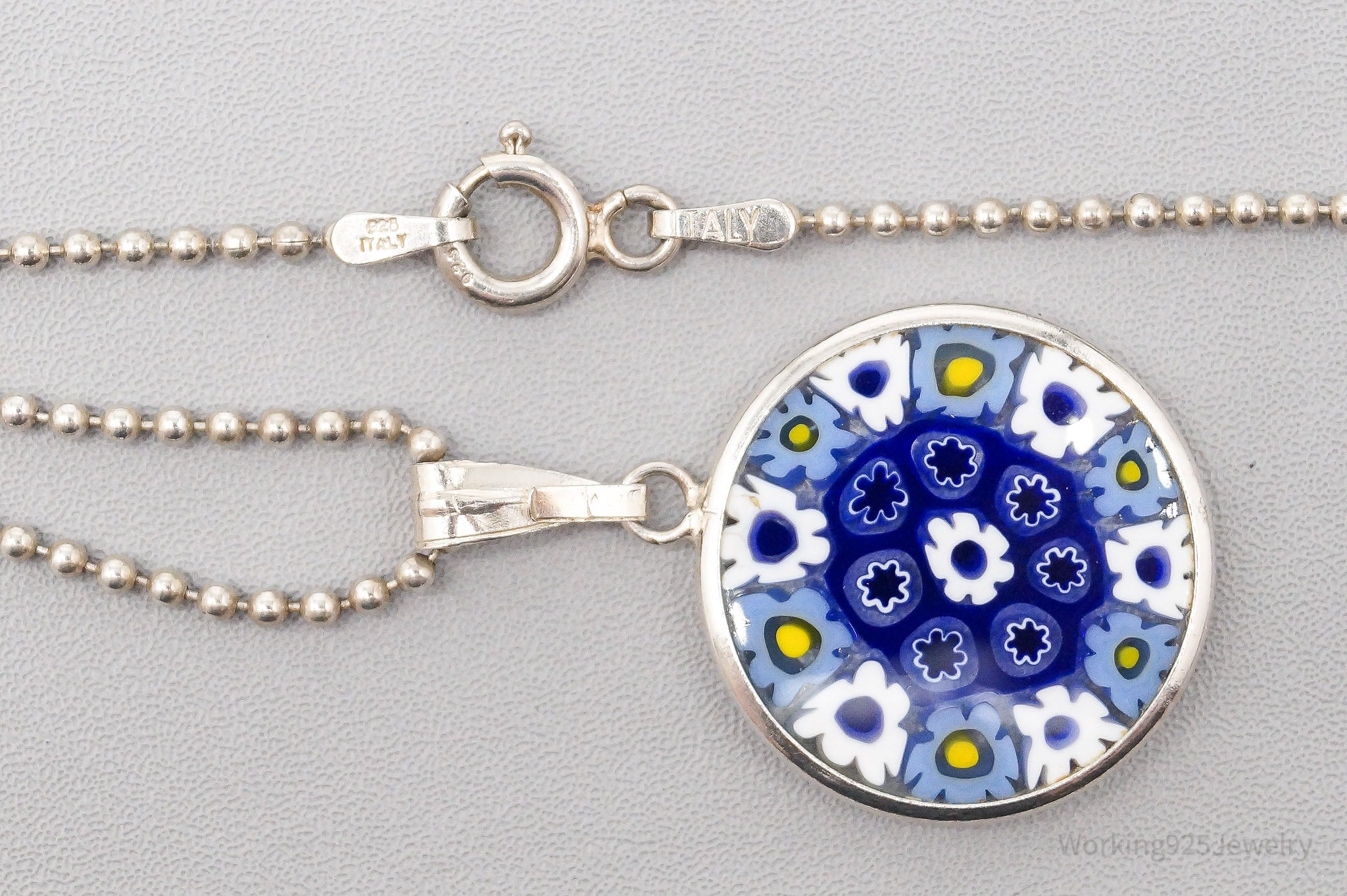 Vintage Murano Millefiori Flowers Glass Sterling Silver Necklace 18"