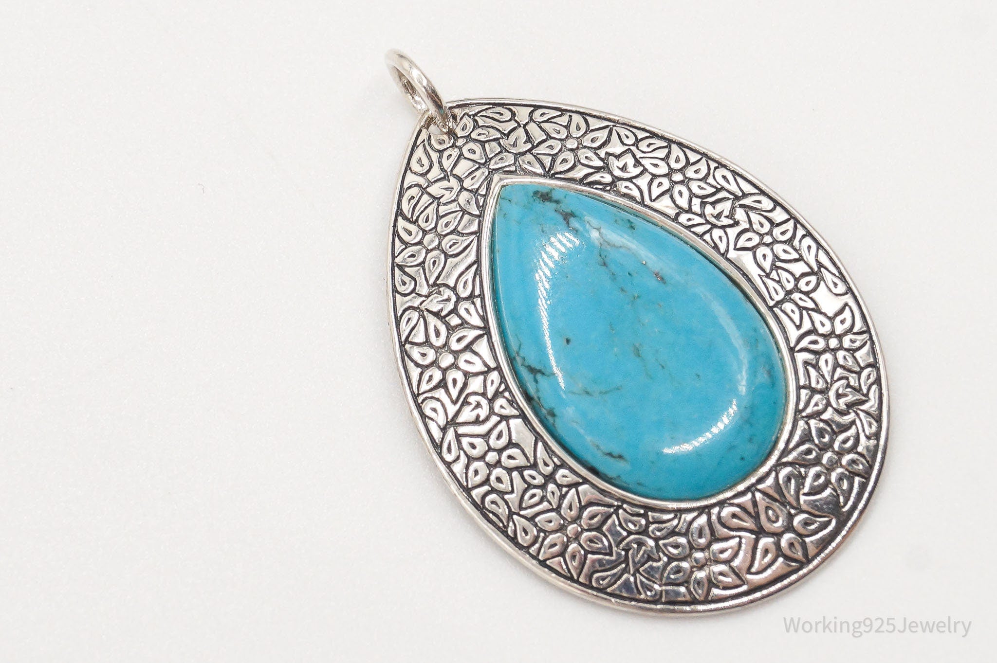 Vintage Large Turquoise Floral Etched Sterling Silver Necklace Pendant