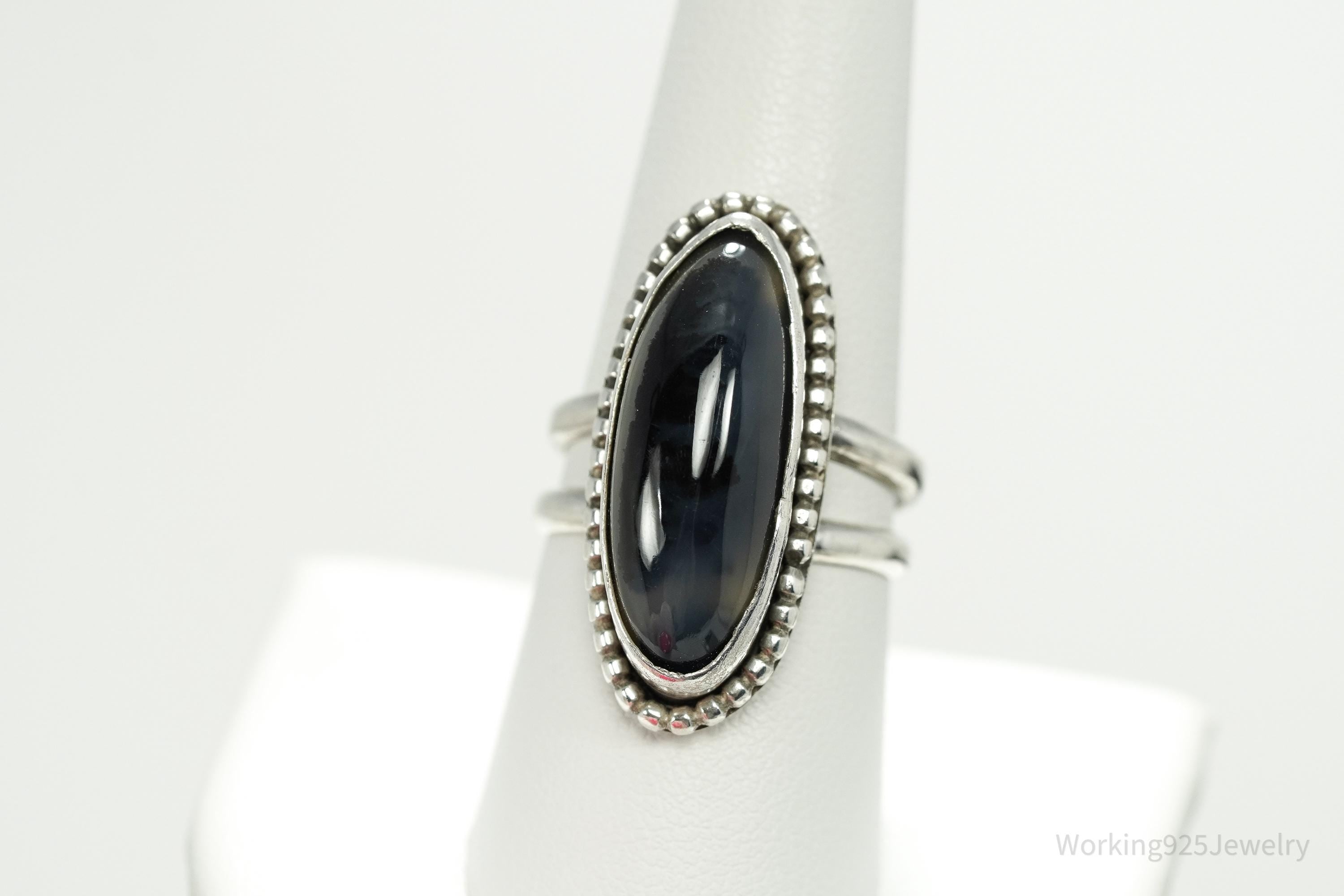 Vintage Large Agate Silver Ring - Size 9
