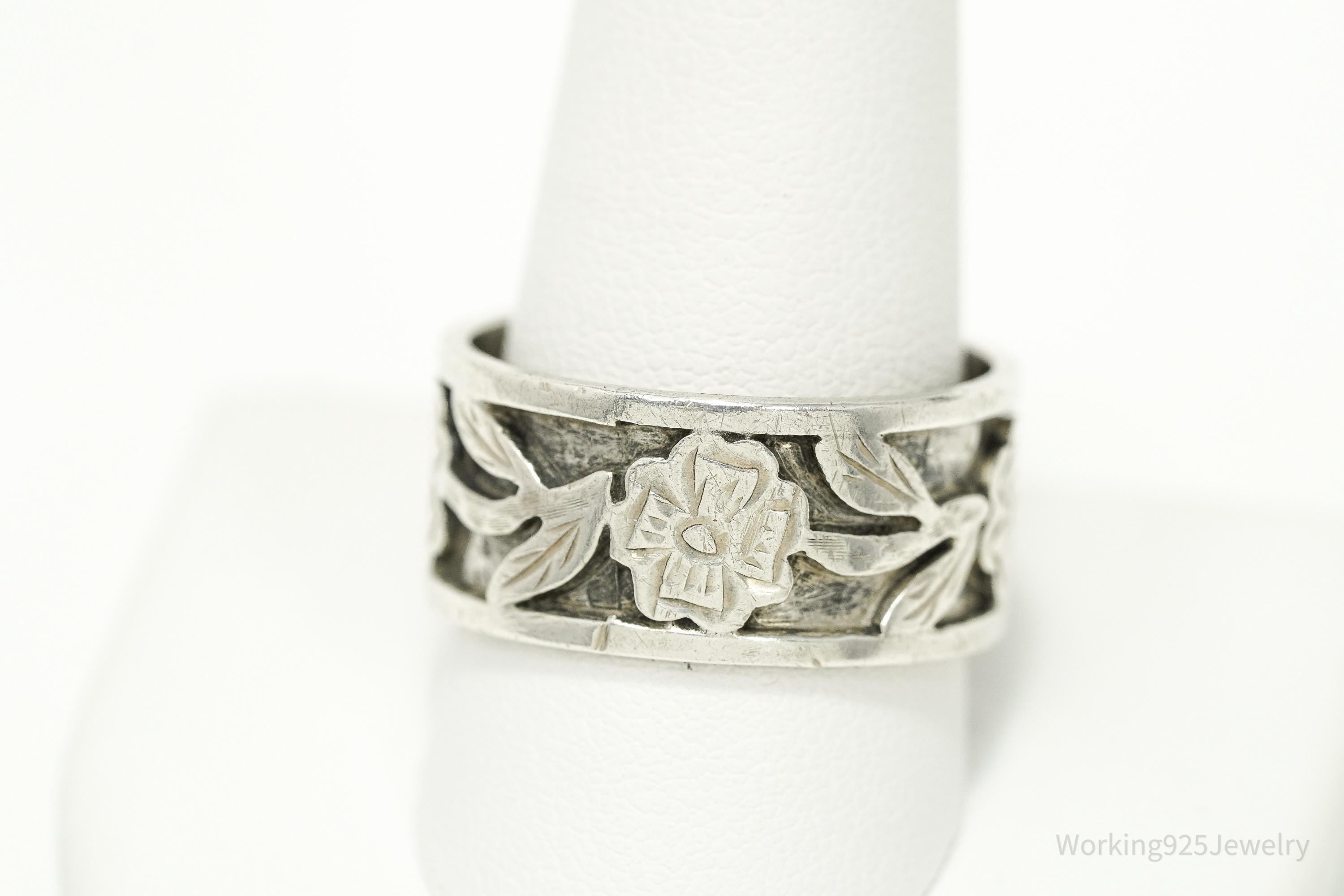 Vintage Mexico Flower Pattern Sterling Silver Ring - Size 12