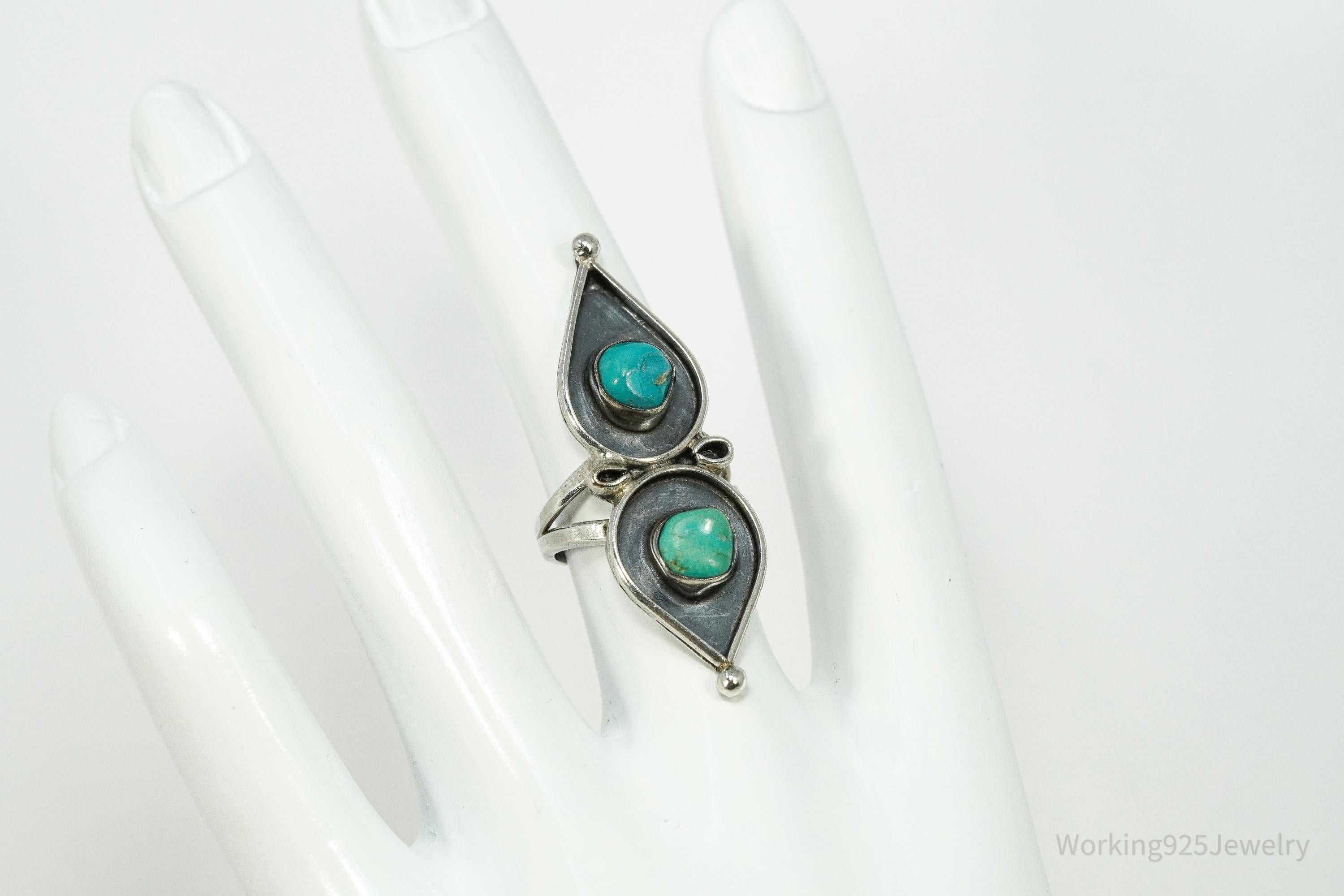 Vintage Handmade Native American Turquoise Silver Ring - Size 5.5