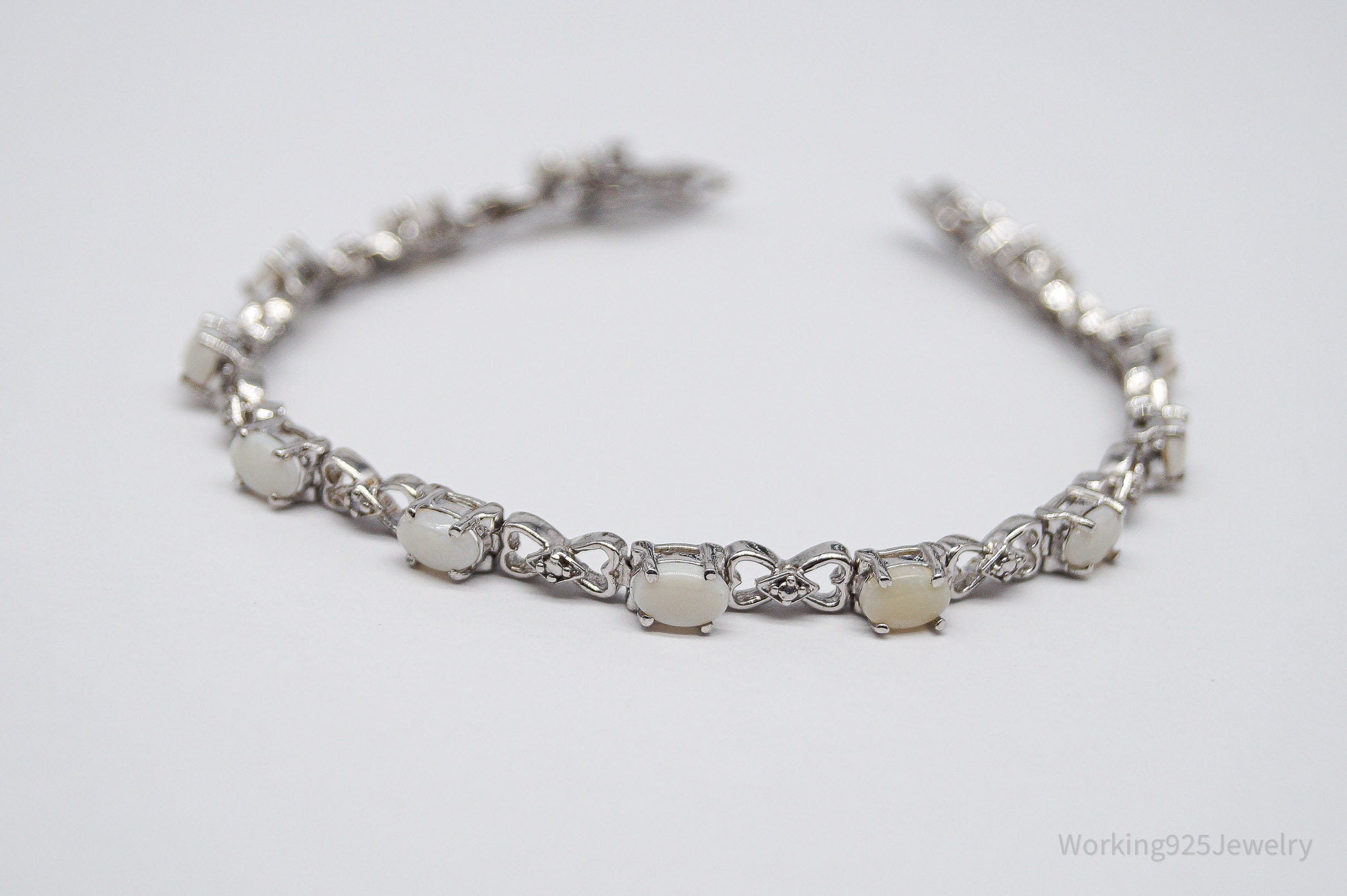 Vintage Opal & 3 Diamonds Sterling Silver Bracelet - 7 7/16"