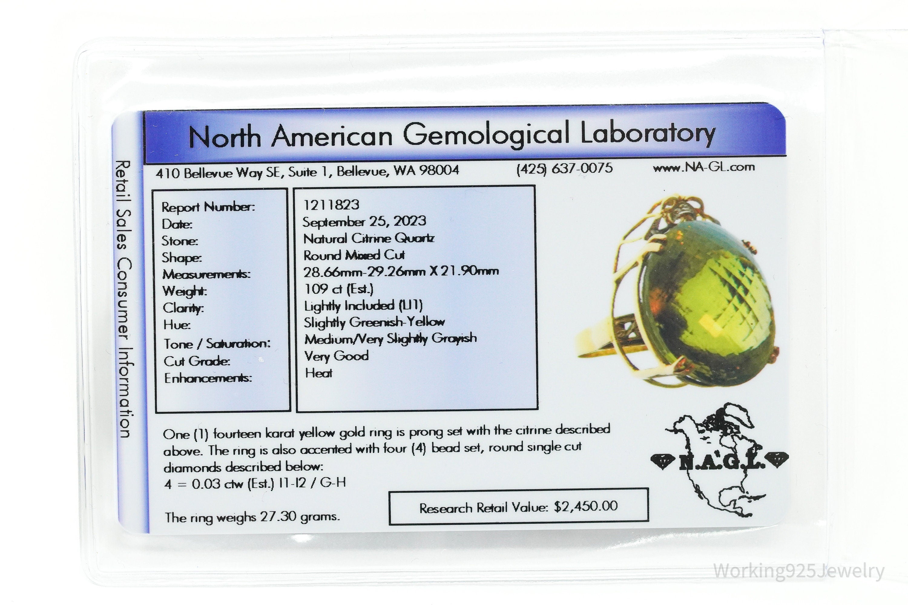 Large Citrine & Diamonds 14K Yellow Gold Ring - Size 8.25