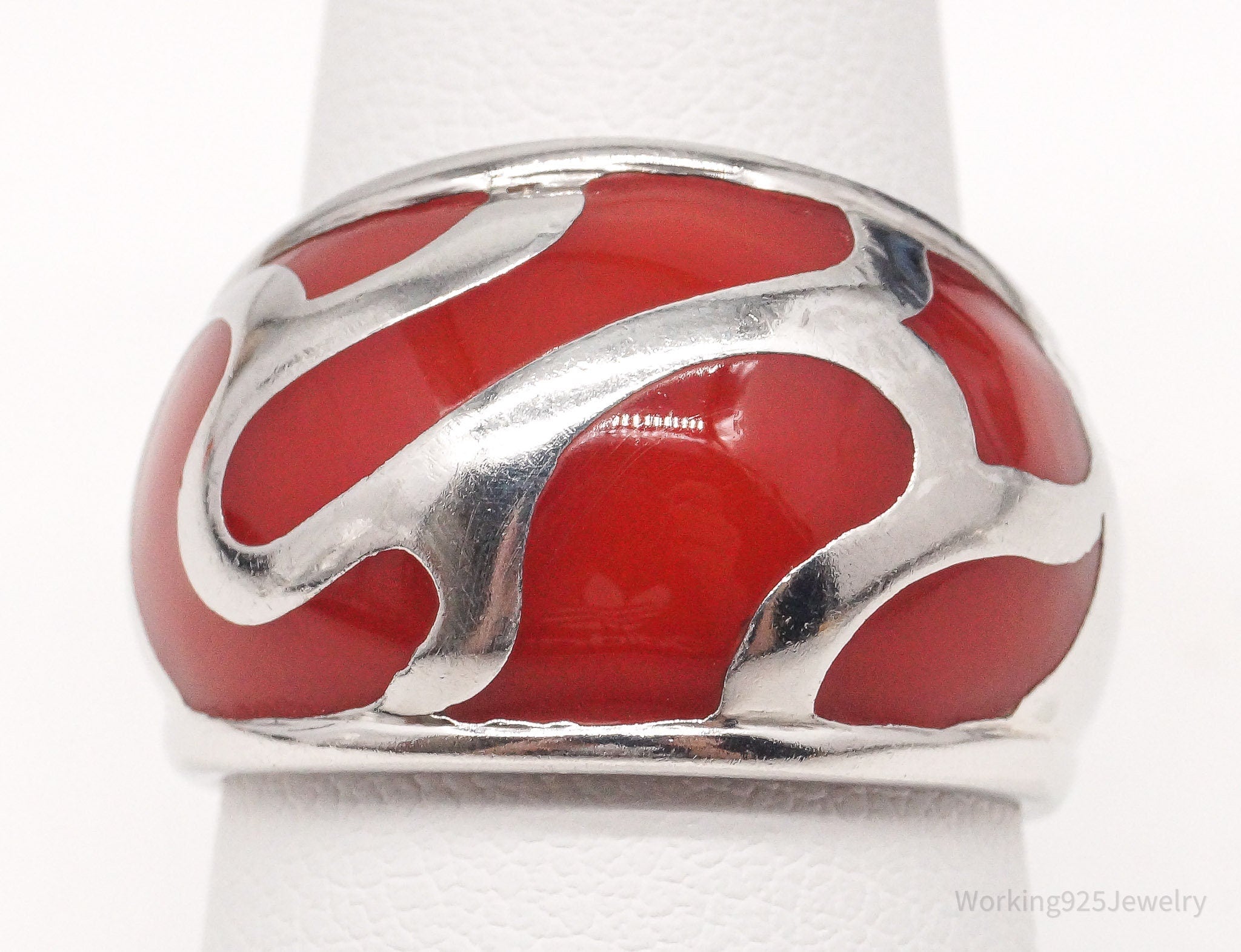 Vintage Red Enamel Sterling Silver Ring - Size 8.5